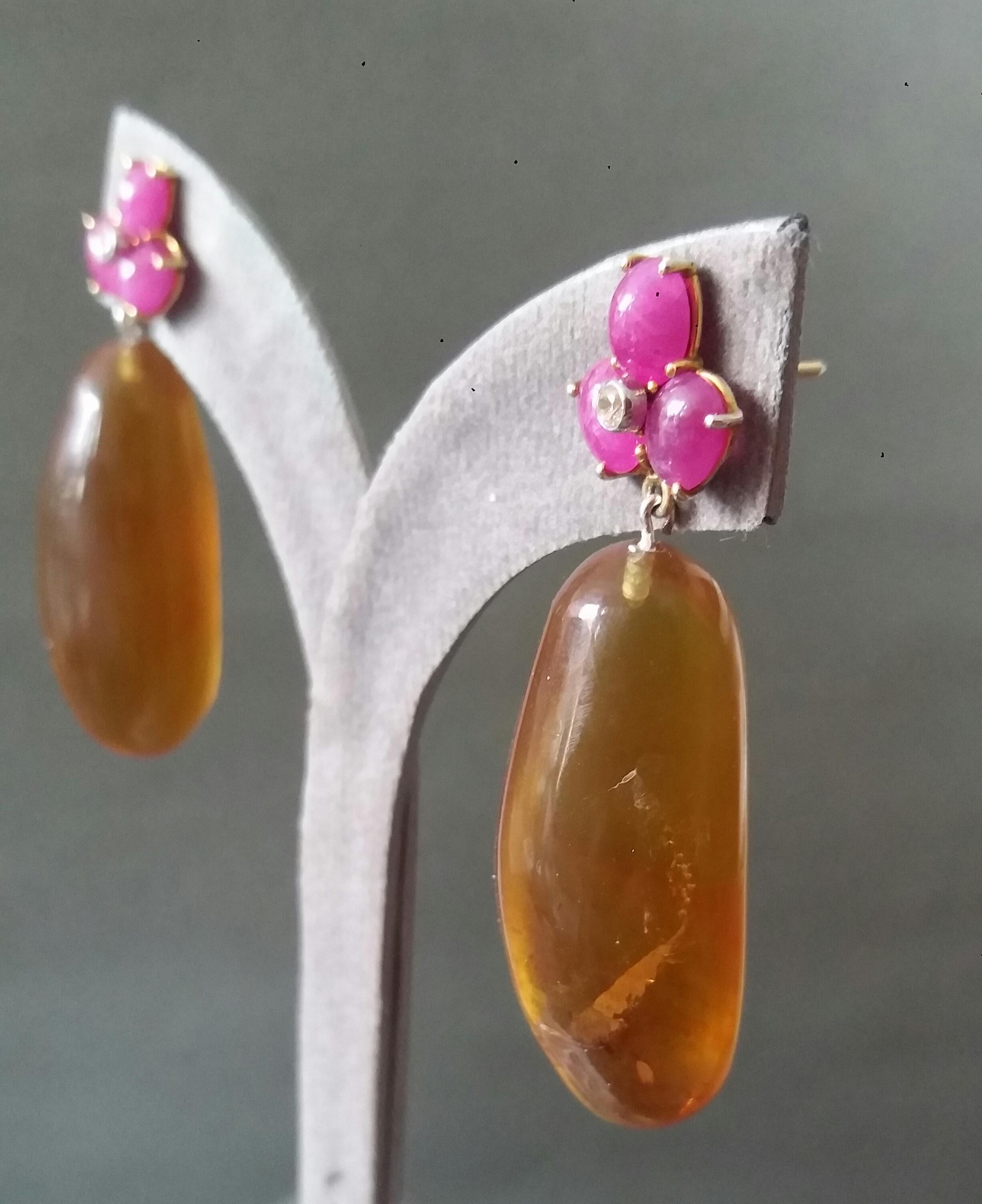 3 Ruby Oval Cabs 14 Kt Yellow Gold Diamonds Burmese Honey Amber Drops Earrings For Sale 6
