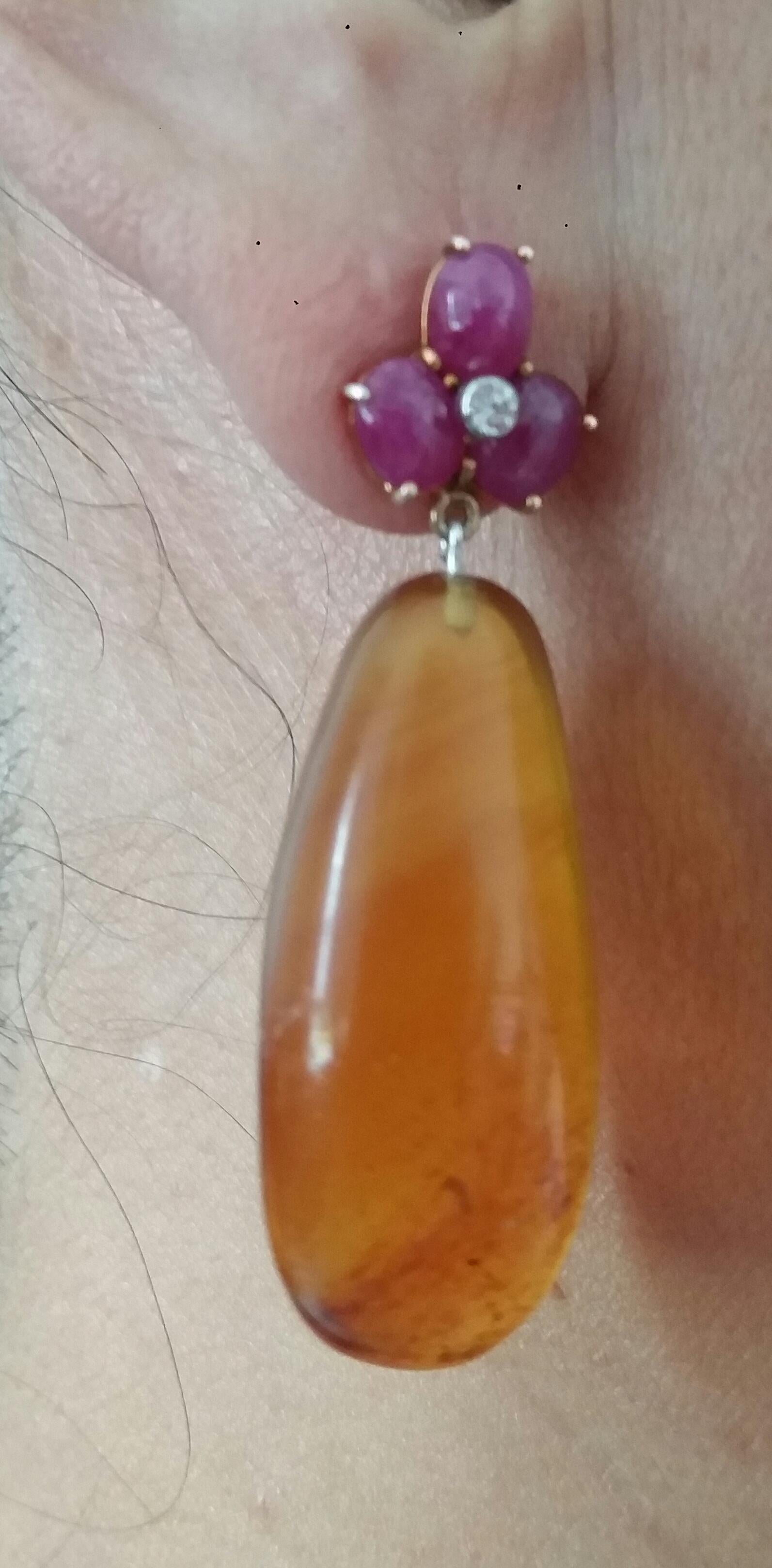 3 Ruby Oval Cabs 14 Kt Yellow Gold Diamonds Burmese Honey Amber Drops Earrings For Sale 8