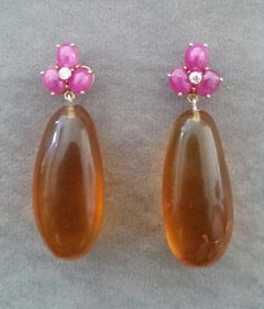 3 Ruby Oval Cabs 14 Kt Yellow Gold Diamonds Burmese Honey Amber Drops Earrings
