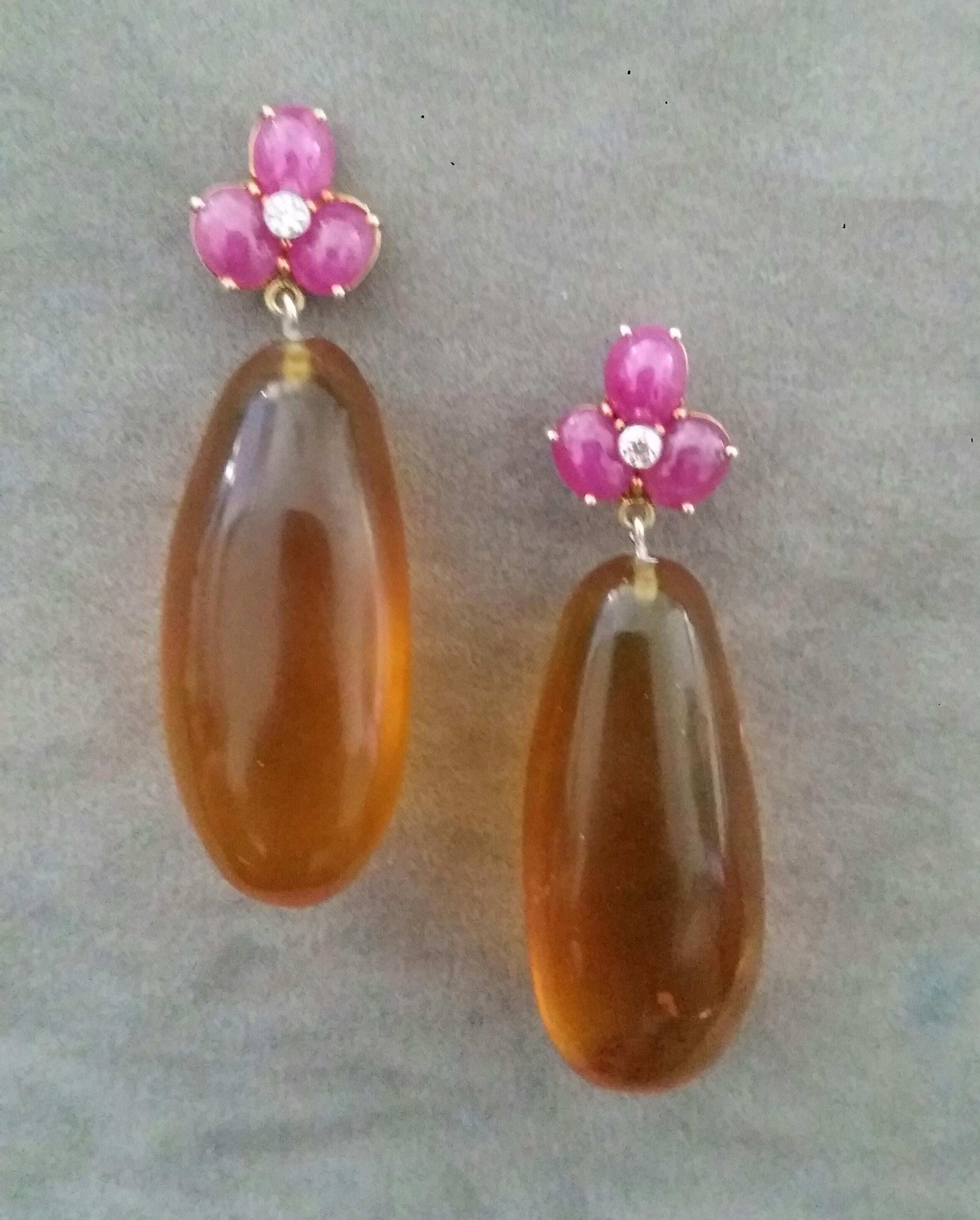 Contemporary 3 Ruby Oval Cabs 14 Kt Yellow Gold Diamonds Burmese Honey Amber Drops Earrings For Sale