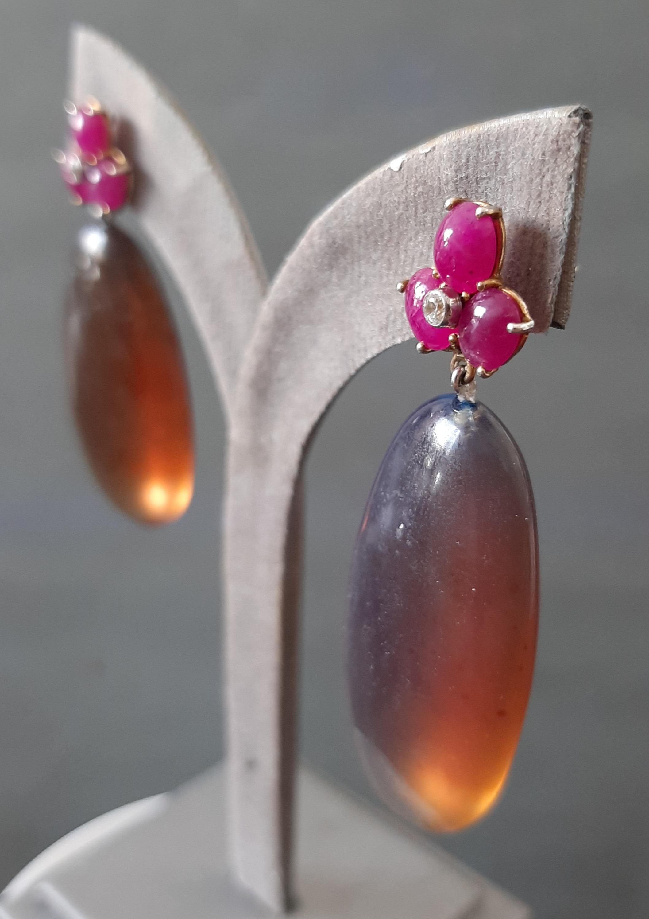 3 Rubin Oval Cabs 14 Kt Gelbgold Diamanten Burmese Honey Bernstein Tropfen Ohrringe (Kunsthandwerker*in)