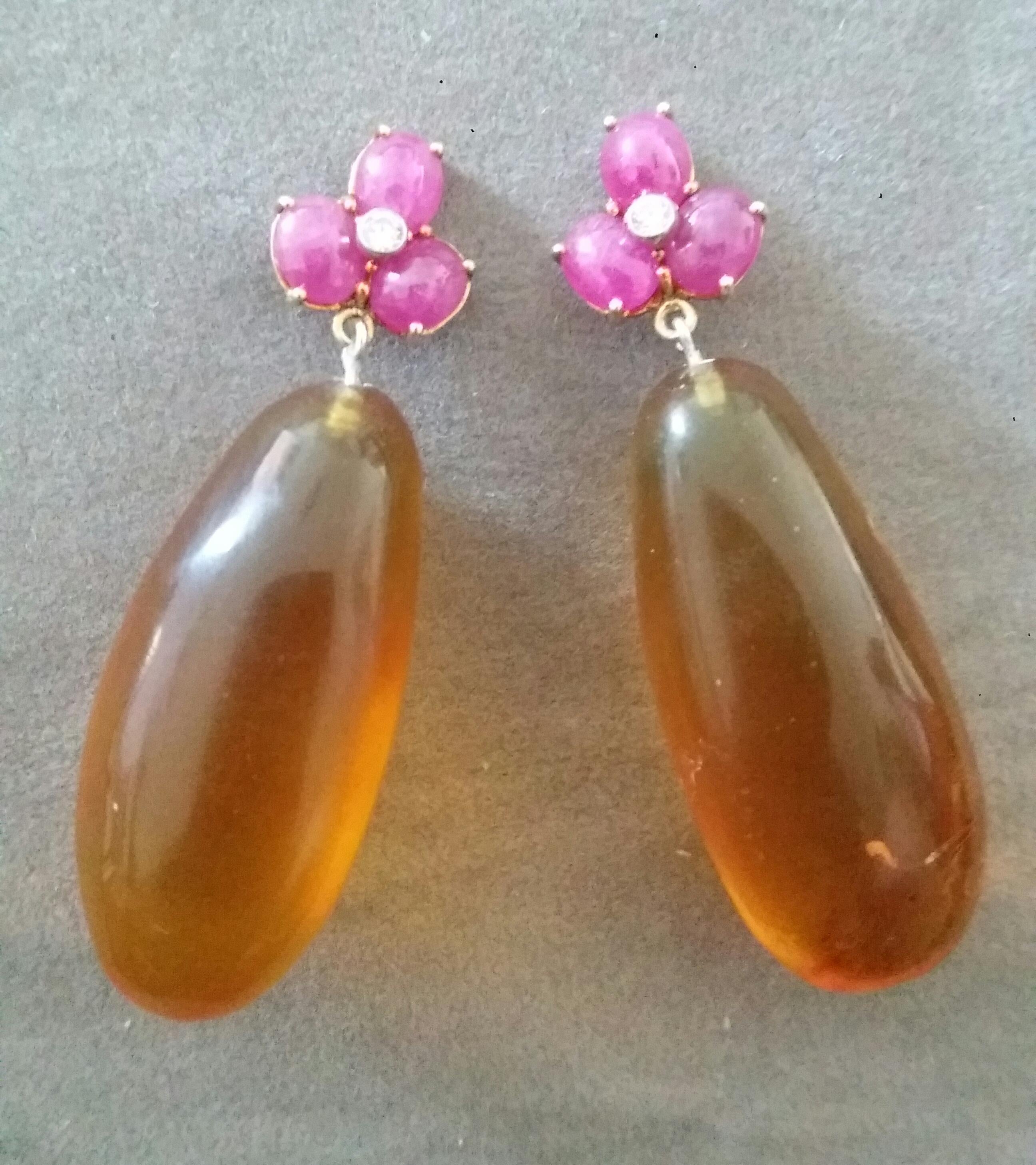 Mixed Cut 3 Ruby Oval Cabs 14 Kt Yellow Gold Diamonds Burmese Honey Amber Drops Earrings For Sale