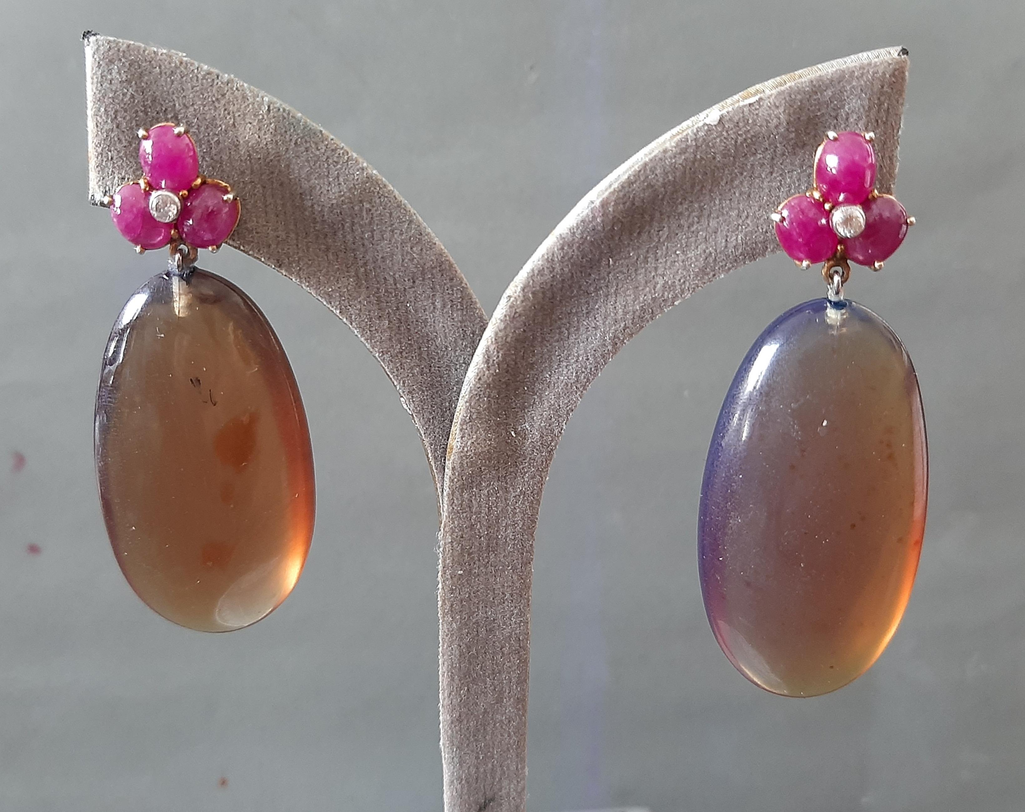 3 Rubin Oval Cabs 14 Kt Gelbgold Diamanten Burmese Honey Bernstein Tropfen Ohrringe (Gemischter Schliff)