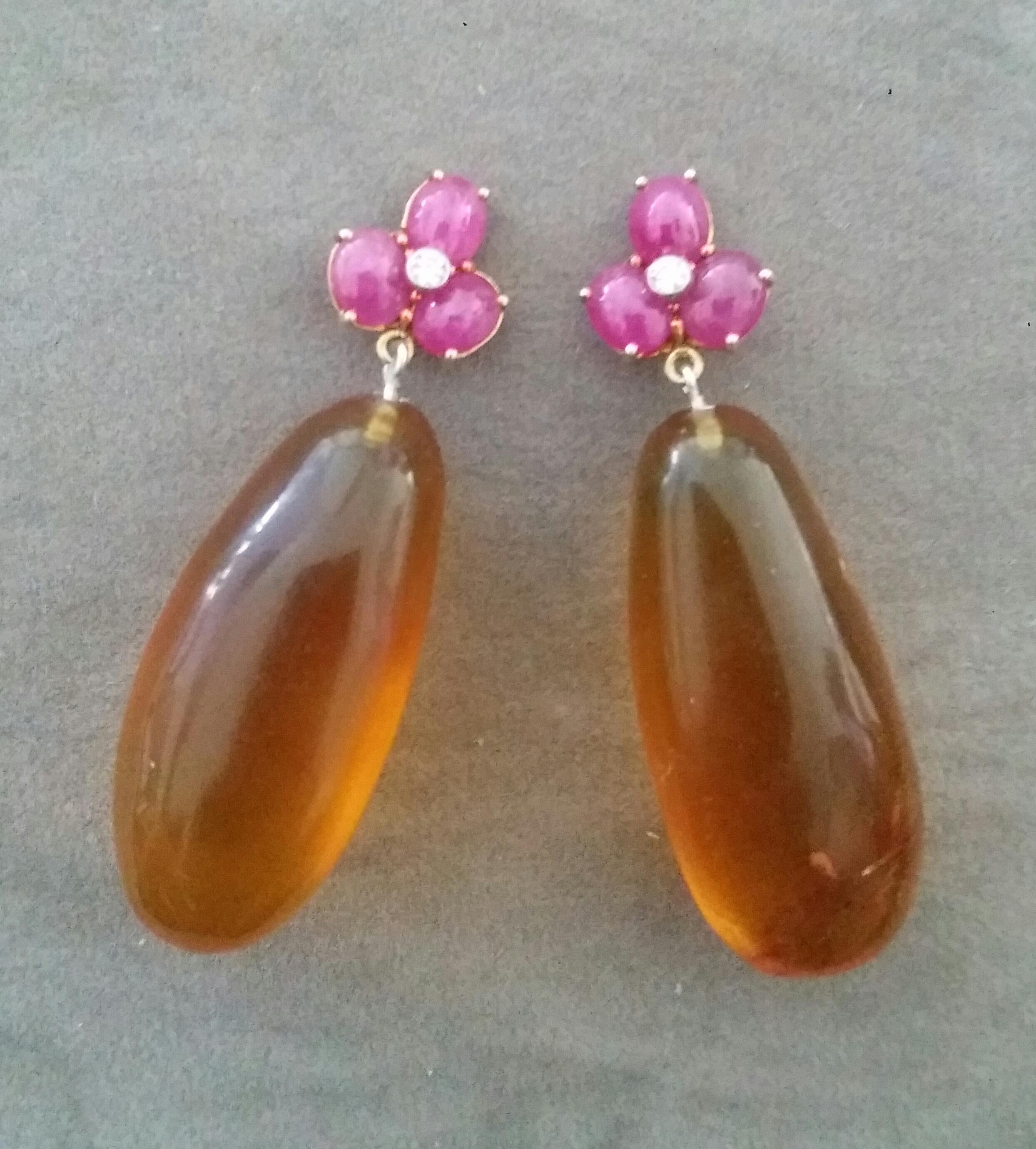 3 Ruby Oval Cabs 14 Kt Yellow Gold Diamonds Burmese Honey Amber Drops Earrings In Good Condition For Sale In Bangkok, TH