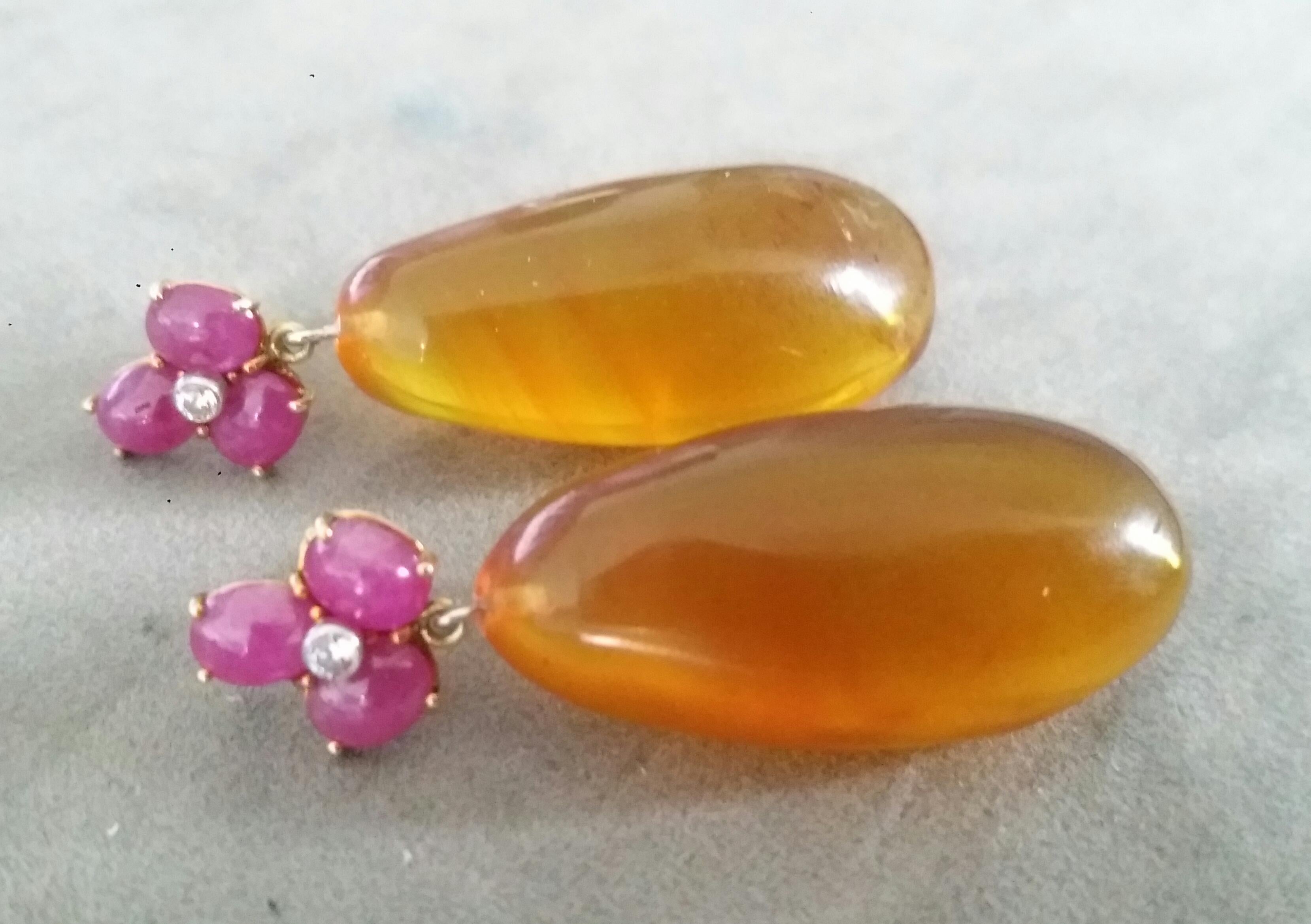 Women's 3 Ruby Oval Cabs 14 Kt Yellow Gold Diamonds Burmese Honey Amber Drops Earrings For Sale