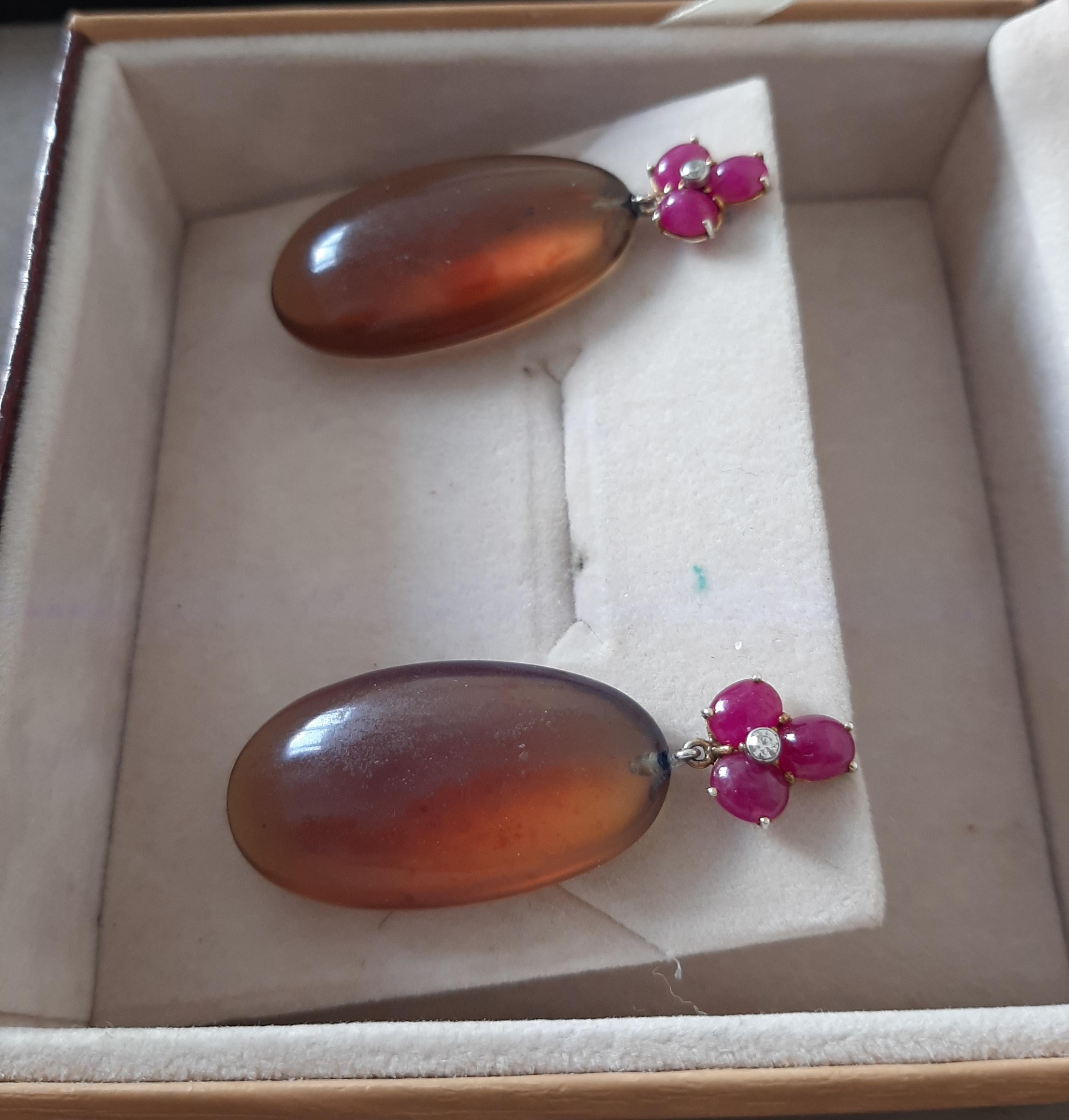 3 Rubin Oval Cabs 14 Kt Gelbgold Diamanten Burmese Honey Bernstein Tropfen Ohrringe Damen