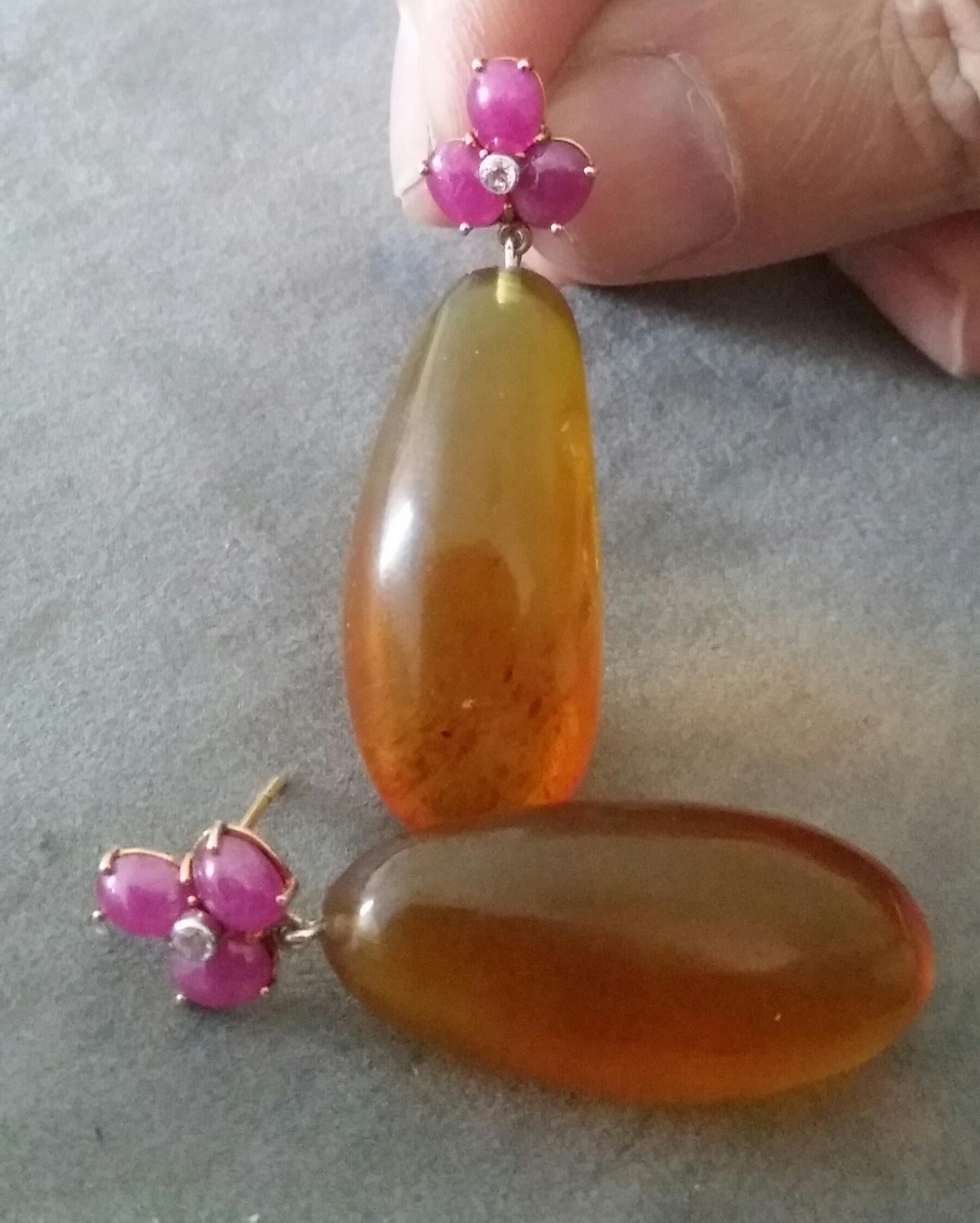 3 Ruby Oval Cabs 14 Kt Yellow Gold Diamonds Burmese Honey Amber Drops Earrings For Sale 1