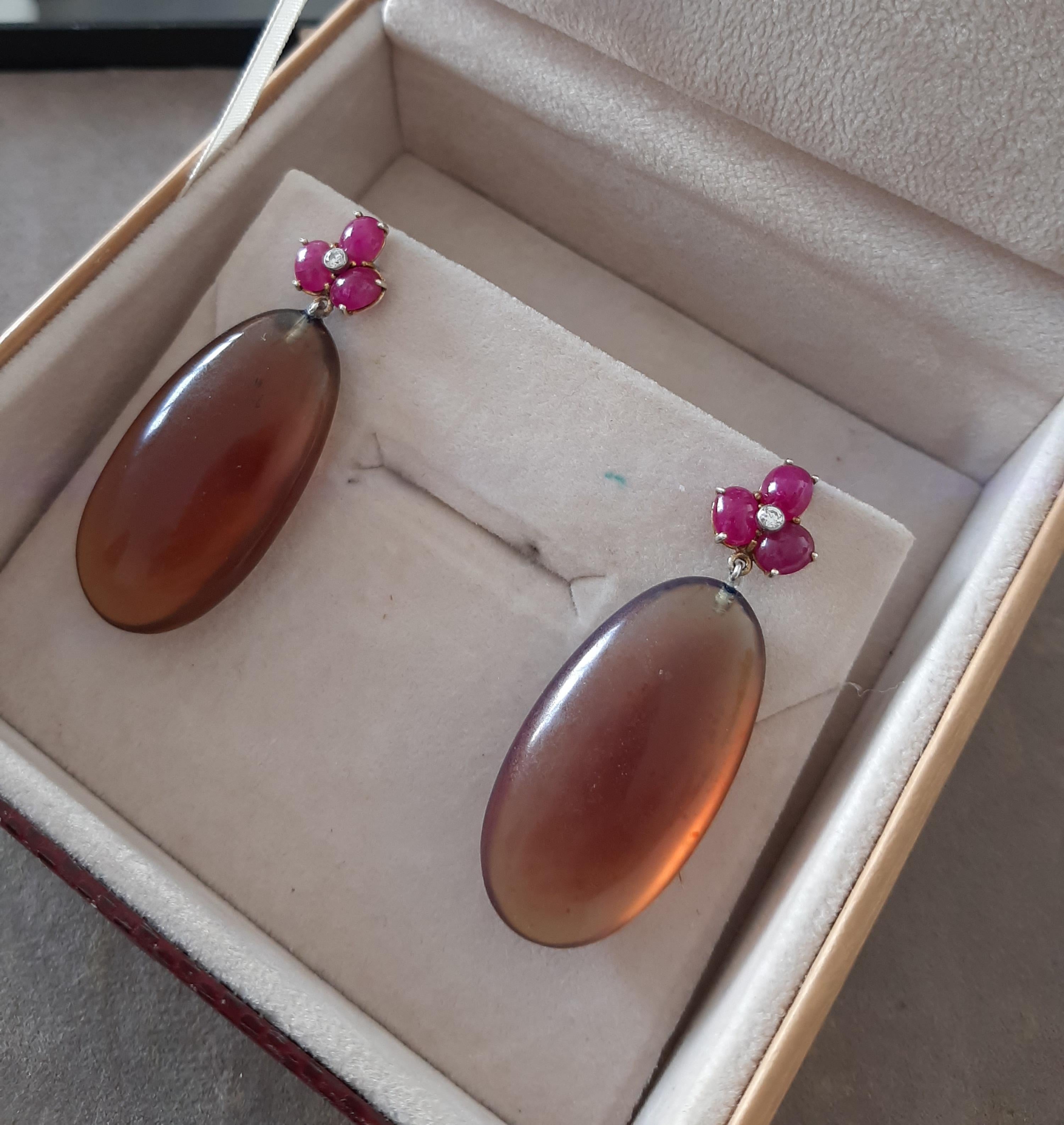 3 Rubin Oval Cabs 14 Kt Gelbgold Diamanten Burmese Honey Bernstein Tropfen Ohrringe 1