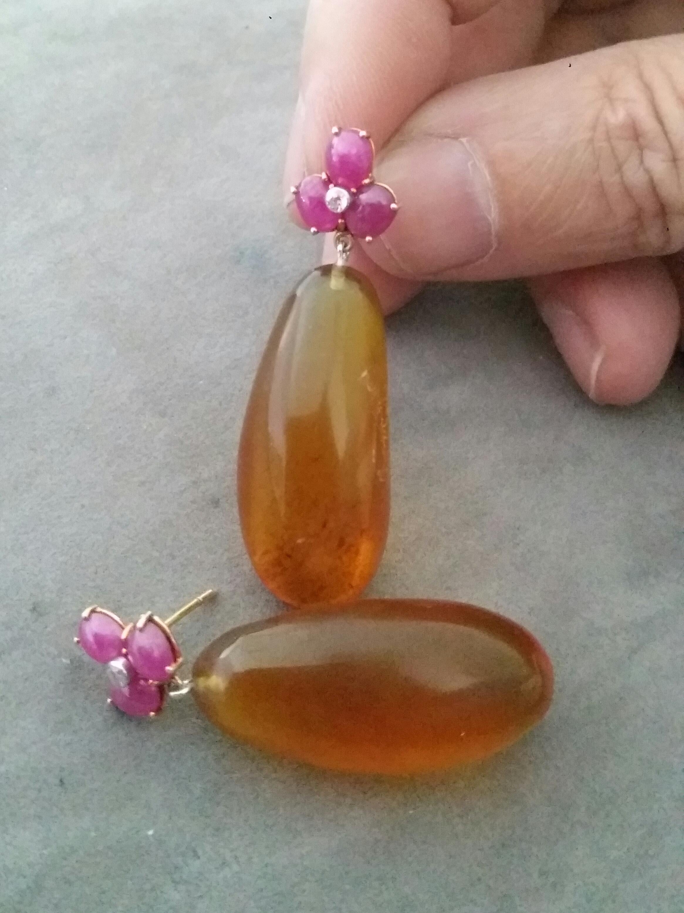 3 Ruby Oval Cabs 14 Kt Yellow Gold Diamonds Burmese Honey Amber Drops Earrings For Sale 2