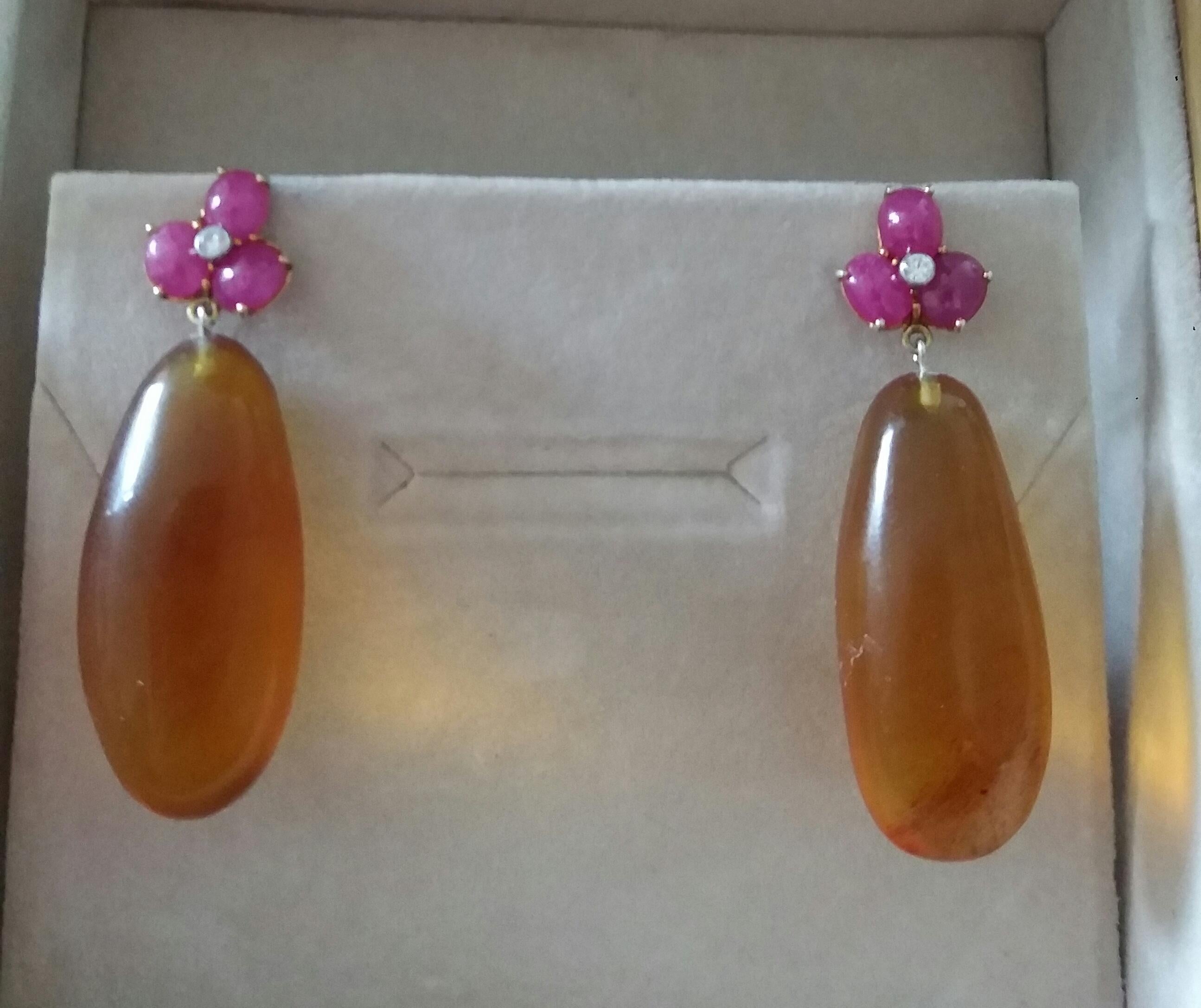 3 Ruby Oval Cabs 14 Kt Yellow Gold Diamonds Burmese Honey Amber Drops Earrings For Sale 3