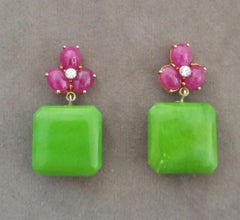 3 Ruby Oval Cabs 14 Kt Yellow Gold Diamonds Green Turquoise Octagon Earrings