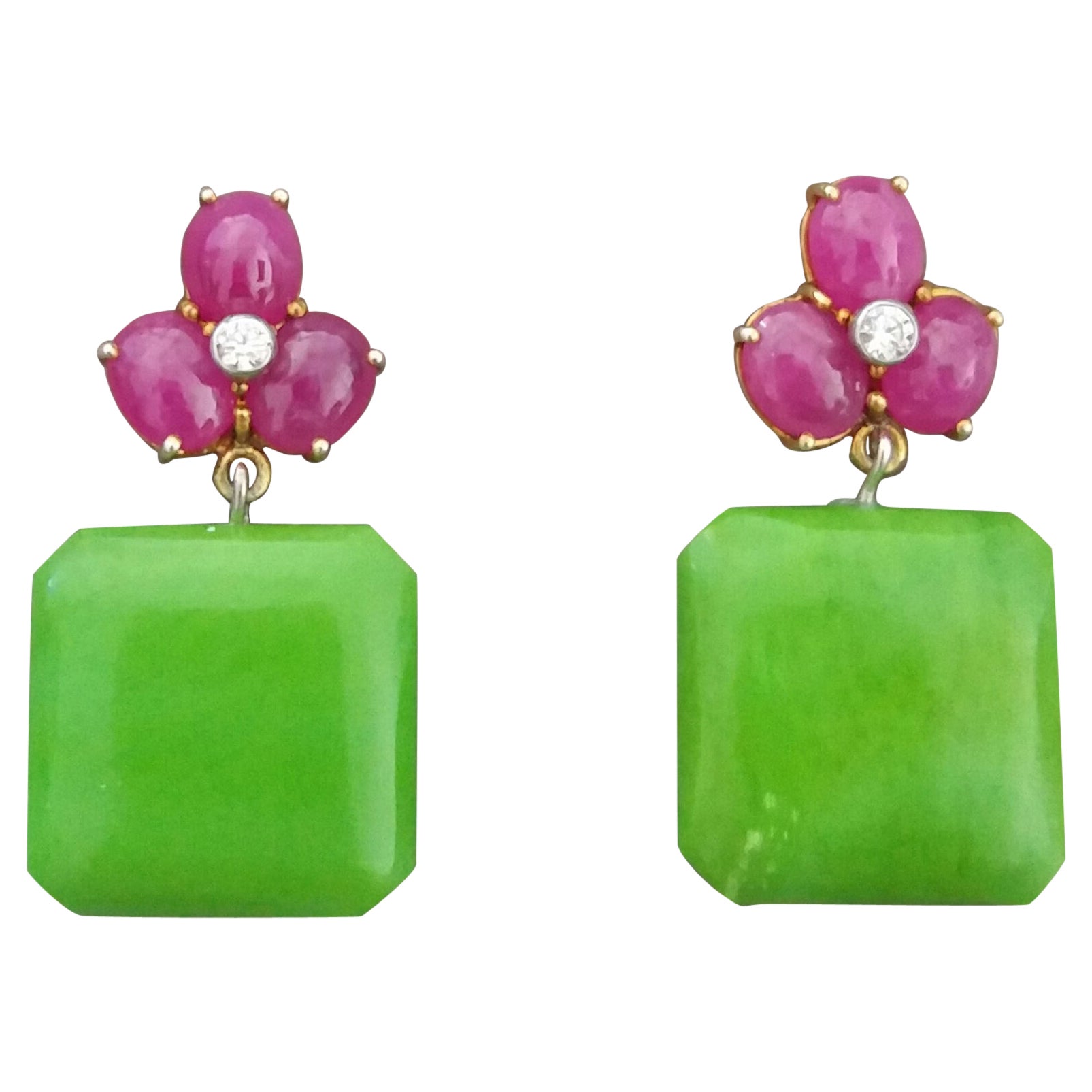 3 Ruby Oval Cabs 14 Kt Yellow Gold Diamonds Green Turquoise Octagon Earrings