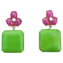 3 Ruby Oval Cabs 14 Kt Yellow Gold Diamonds Green Turquoise Octagon Earrings