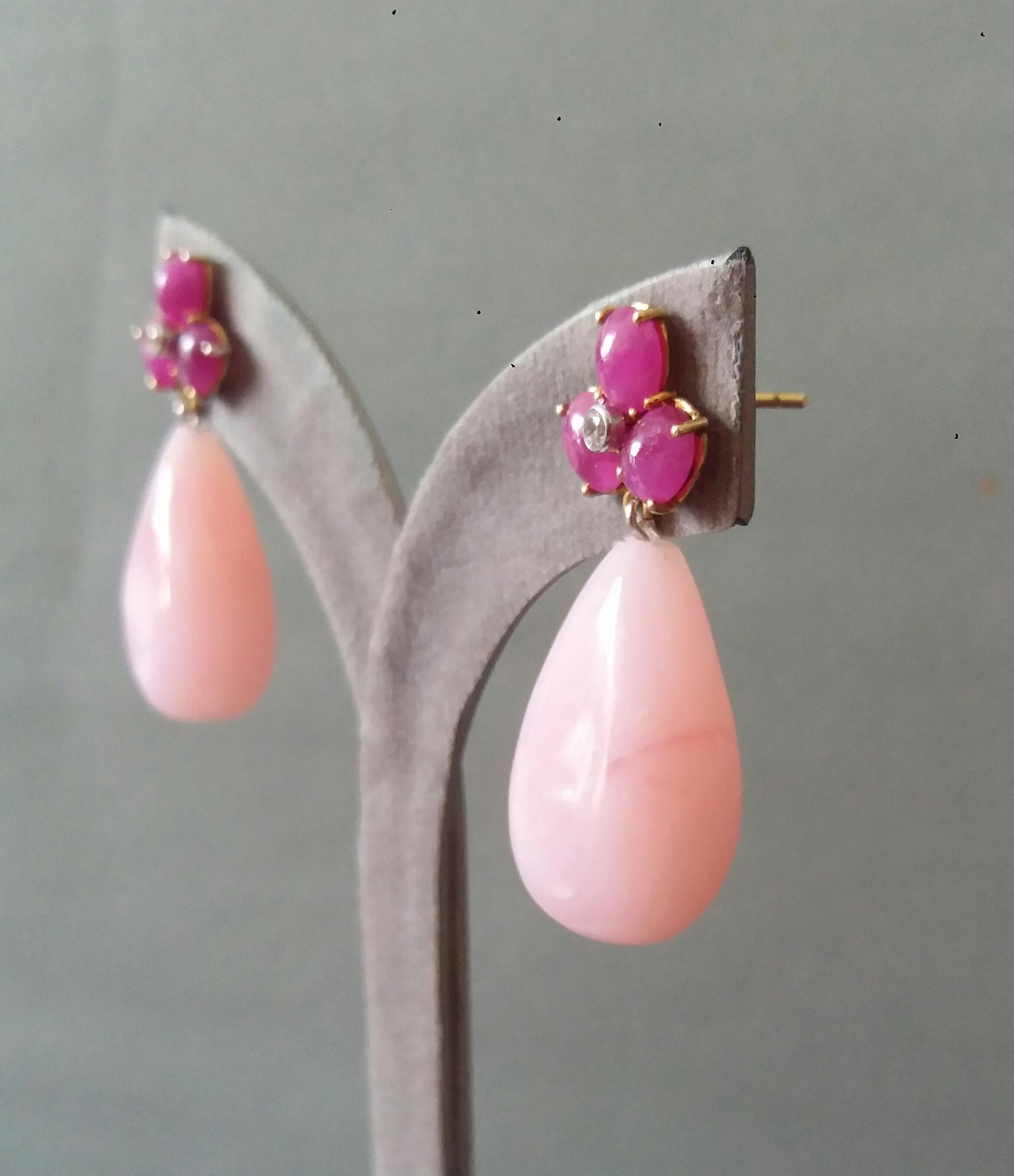 3 Ruby Oval Cabs 14 Kt Yellow Gold Diamonds Pink Opal Pear Shape Drops Earrings 2