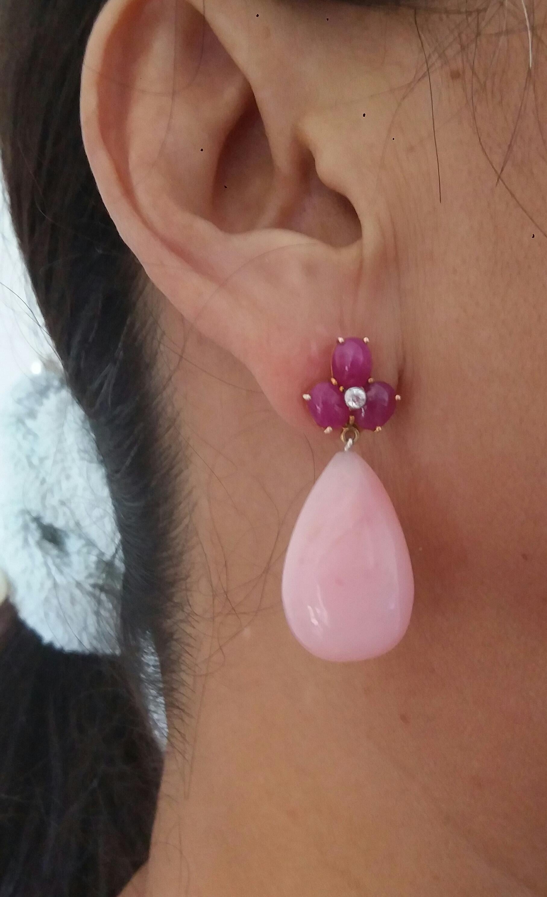 3 Ruby Oval Cabs 14 Kt Yellow Gold Diamonds Pink Opal Pear Shape Drops Earrings For Sale 4