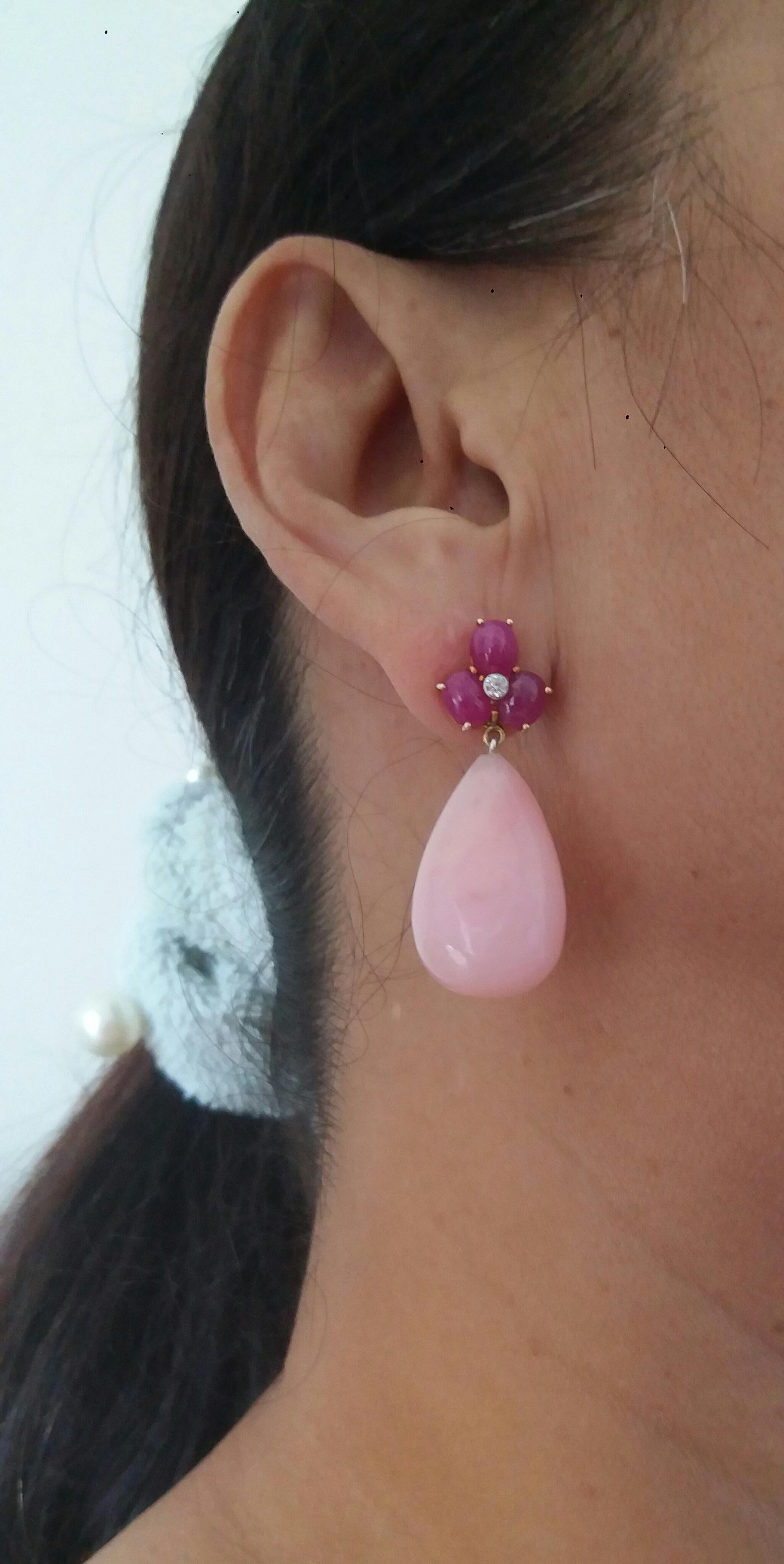 3 Ruby Oval Cabs 14 Kt Yellow Gold Diamonds Pink Opal Pear Shape Drops Earrings 4