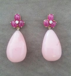 3 Rubin Oval Cabs 14 Kt Gelbgold Diamanten Rosa Opal Birnenförmige Tropfen Ohrringe