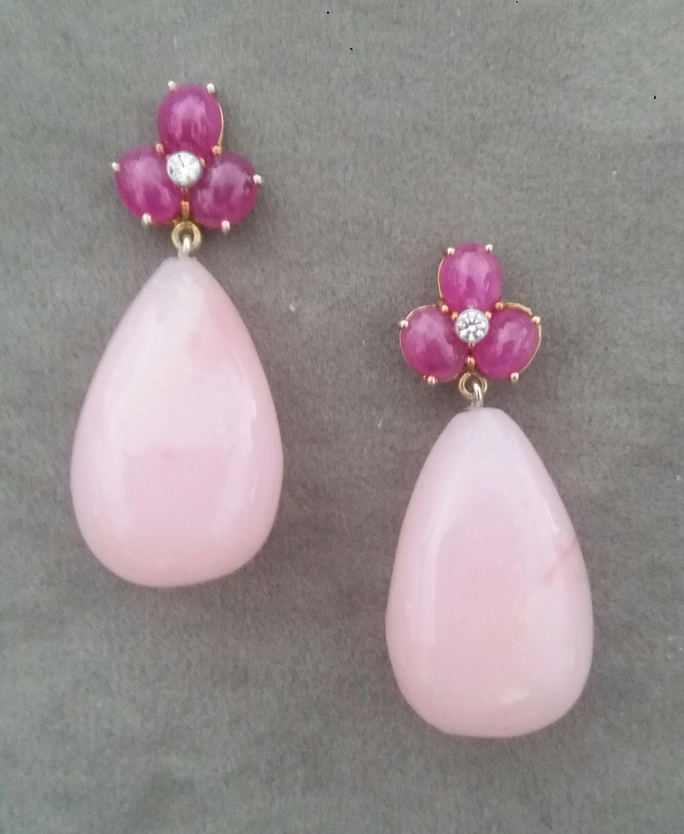 Contemporary 3 Ruby Oval Cabs 14 Kt Yellow Gold Diamonds Pink Opal Pear Shape Drops Earrings For Sale