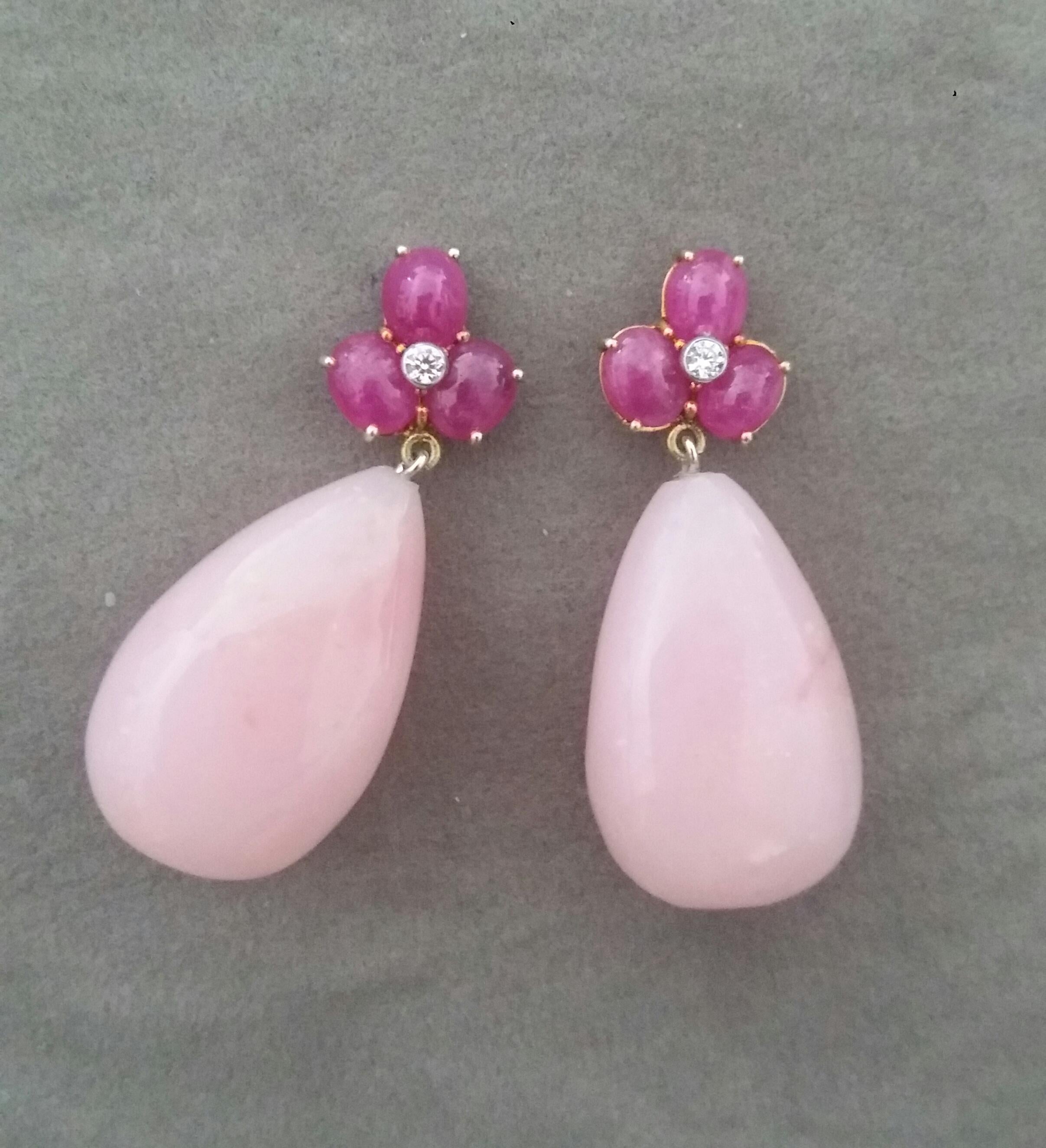 Contemporary 3 Ruby Oval Cabs 14 Kt Yellow Gold Diamonds Pink Opal Pear Shape Drops Earrings For Sale