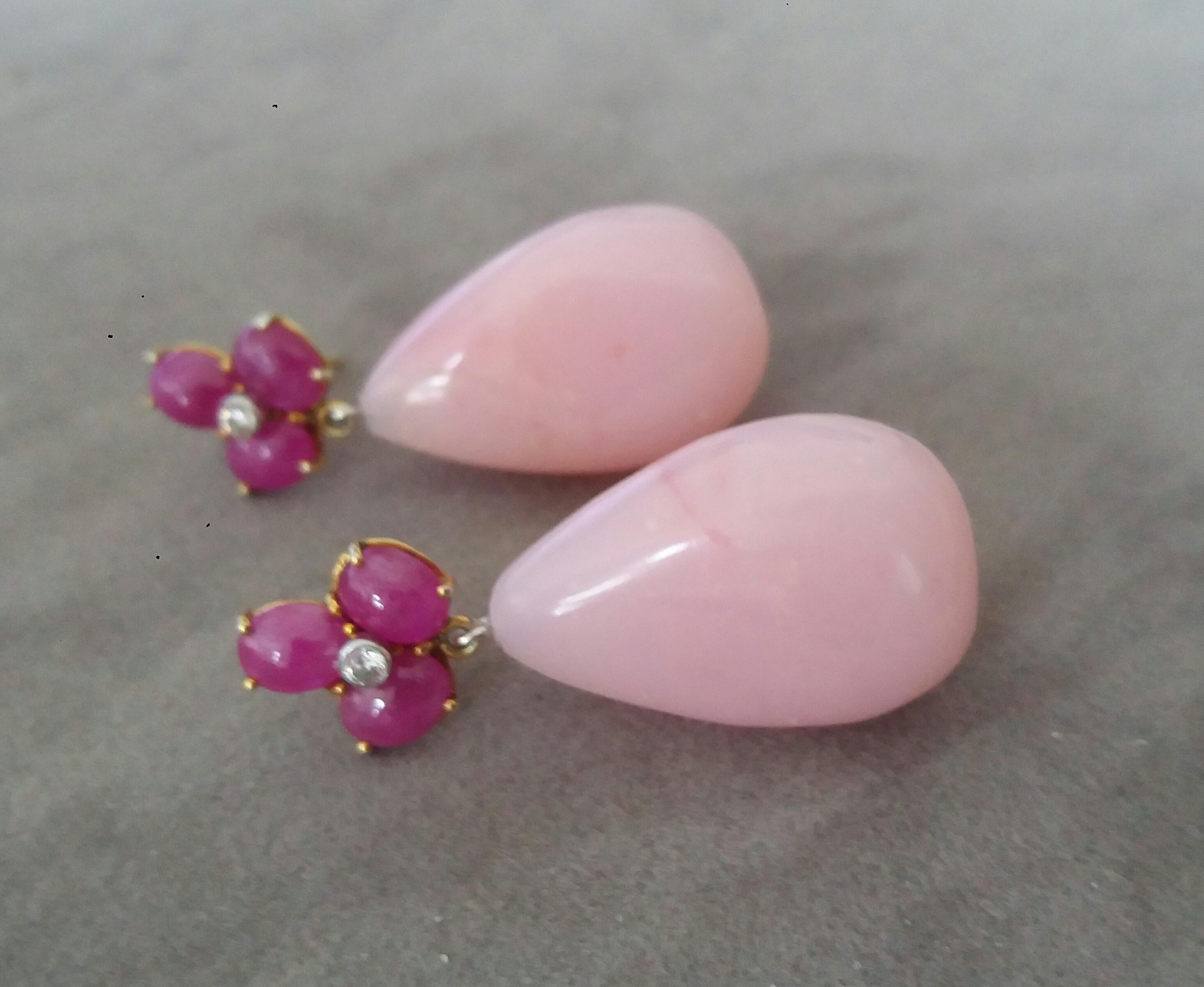 Contemporary 3 Ruby Oval Cabs 14 Kt Yellow Gold Diamonds Pink Opal Pear Shape Drops Earrings