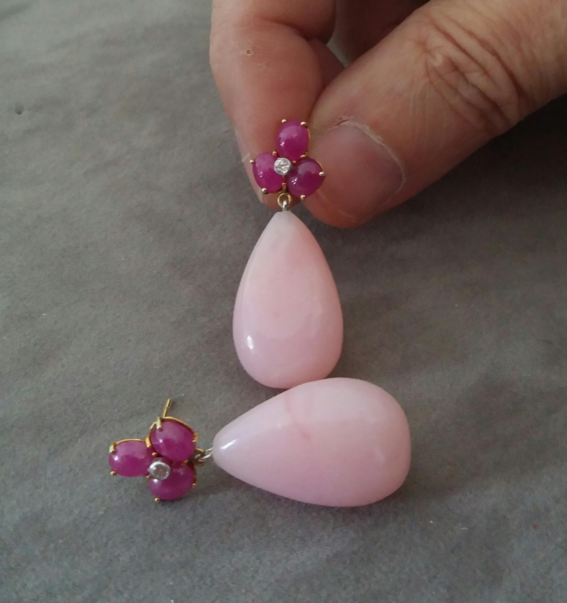 Mixed Cut 3 Ruby Oval Cabs 14 Kt Yellow Gold Diamonds Pink Opal Pear Shape Drops Earrings