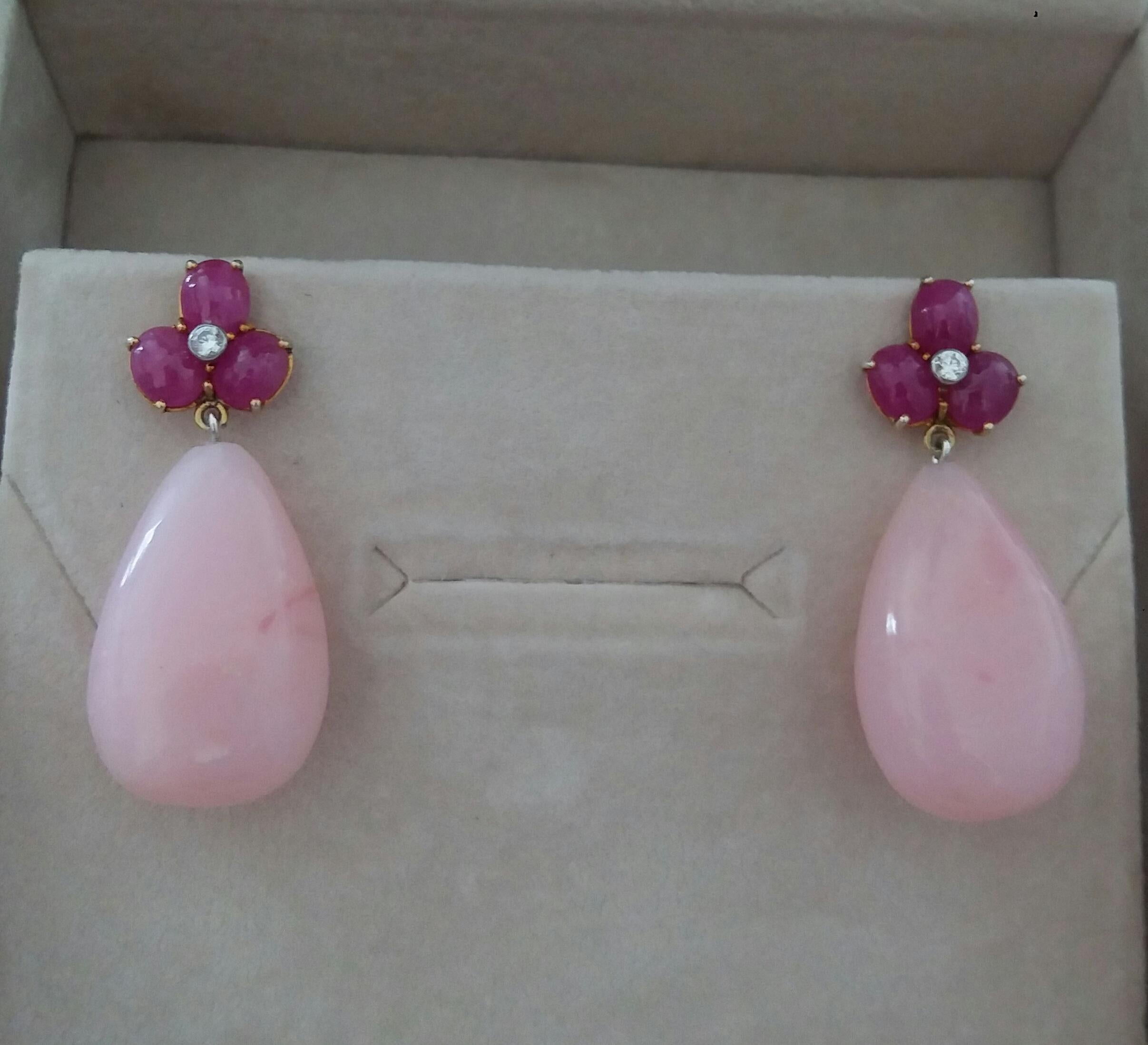 3 Ruby Oval Cabs 14 Kt Yellow Gold Diamonds Pink Opal Pear Shape Drops Earrings In Good Condition In Bangkok, TH