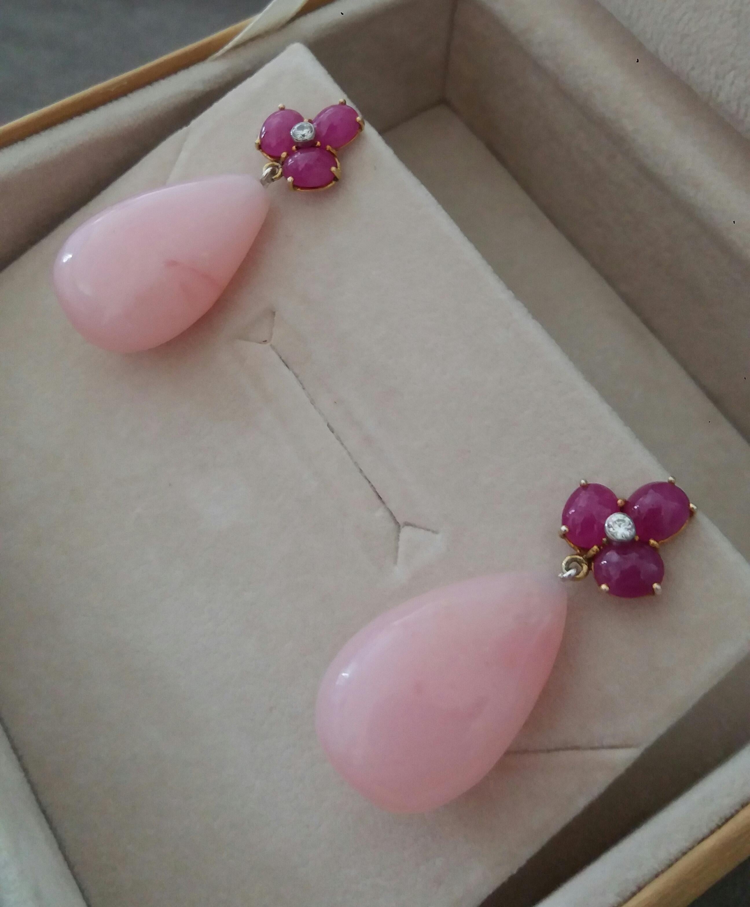 3 Ruby Oval Cabs 14 Kt Yellow Gold Diamonds Pink Opal Pear Shape Drops Earrings For Sale 1