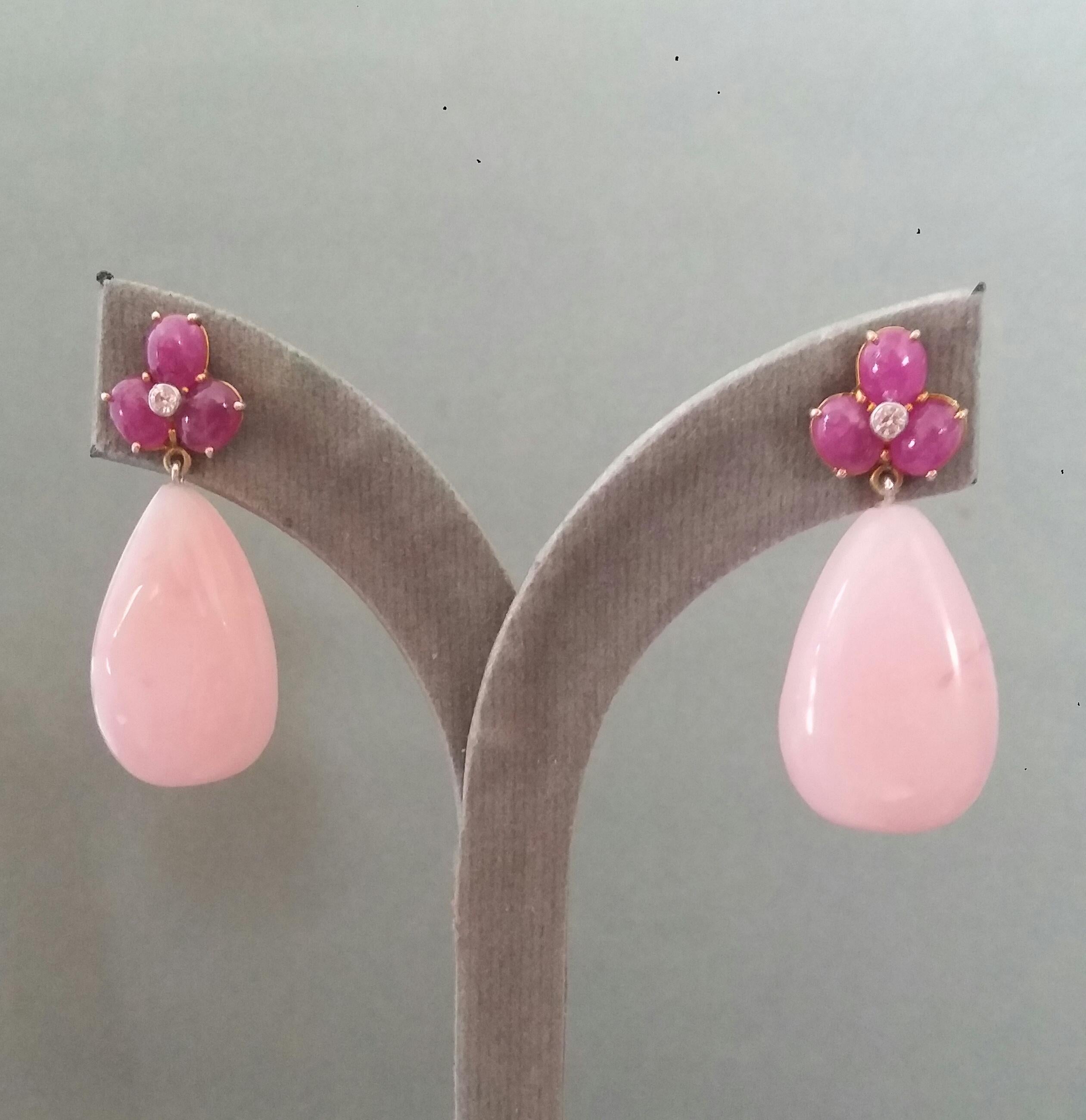 3 Ruby Oval Cabs 14 Kt Yellow Gold Diamonds Pink Opal Pear Shape Drops Earrings 1