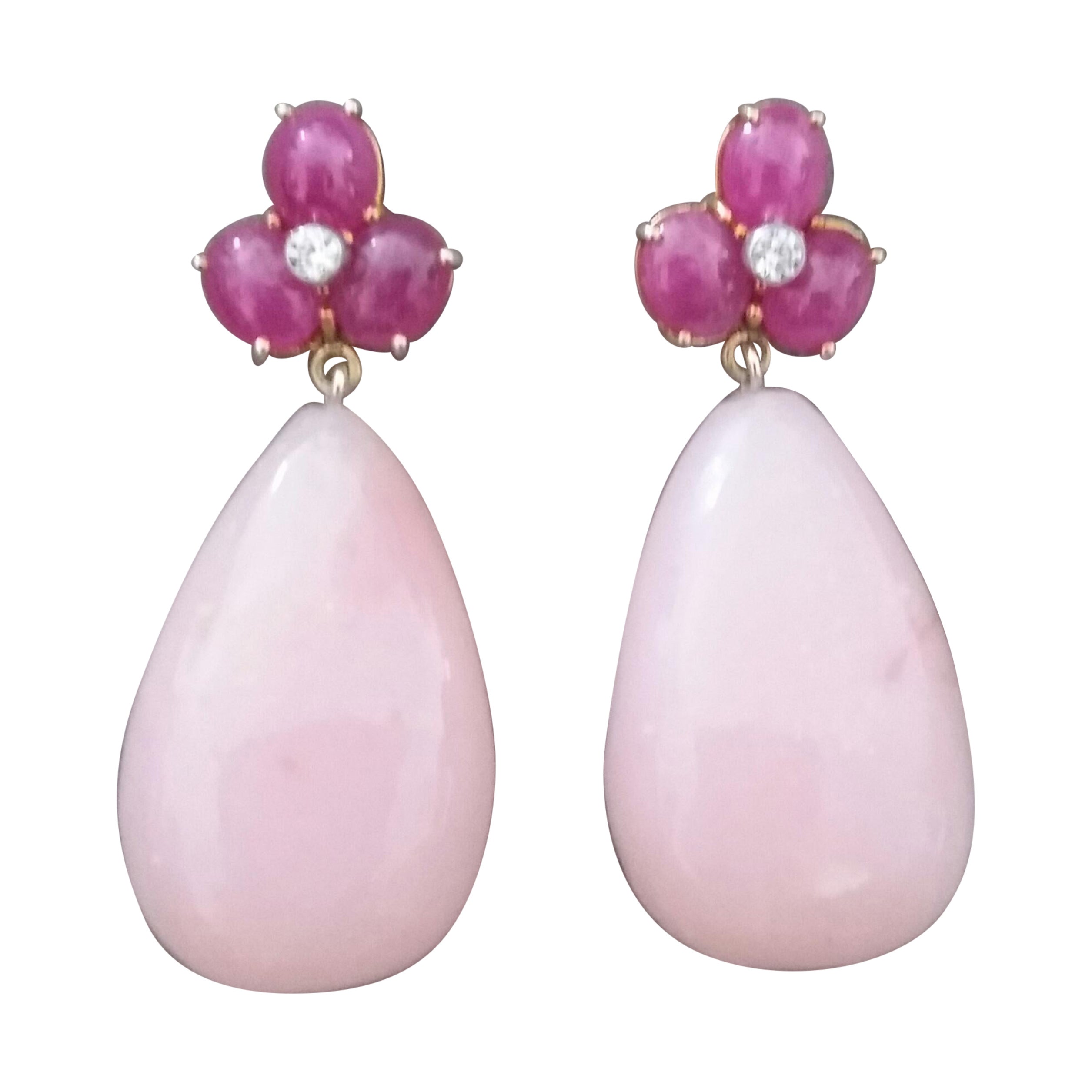 3 Orecchini con gocce ovali di rubino in oro giallo 14 Kt con diamanti e opale rosa a forma di pera