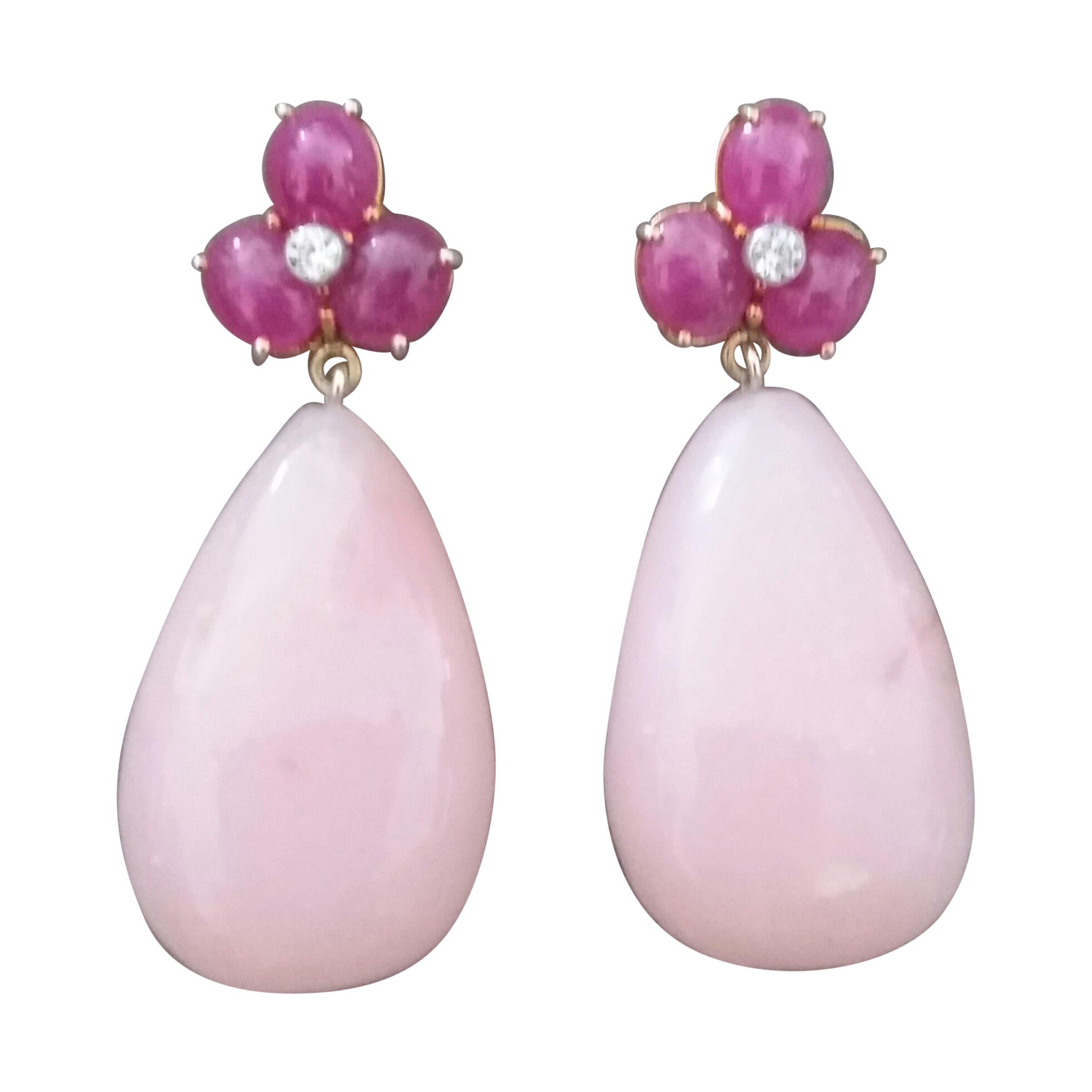 3 Ruby Oval Cabs 14 Kt Yellow Gold Diamonds Pink Opal Pear Shape Drops Earrings