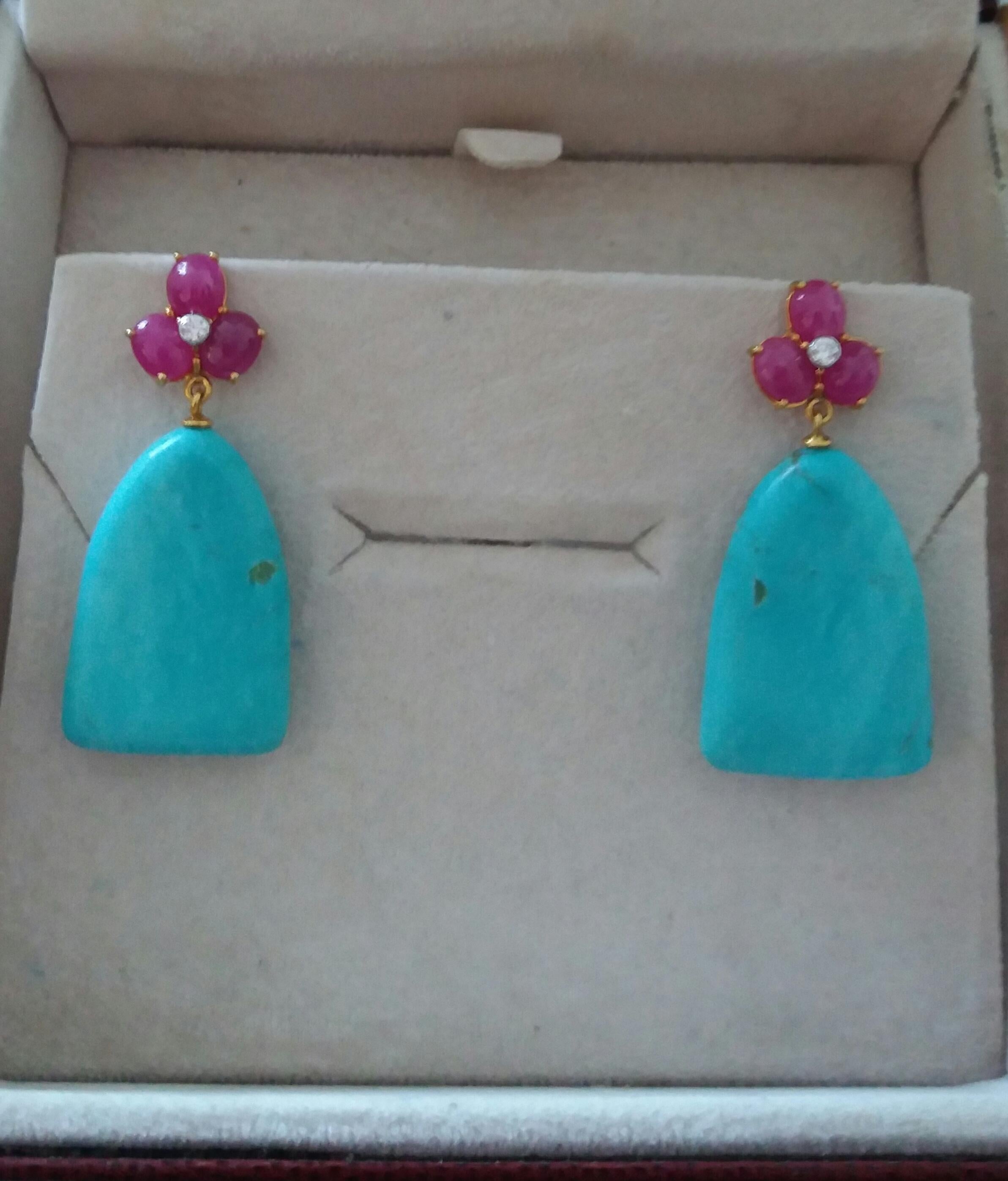 Pendants d'oreilles en or jaune 14 carats avec 3 cabas ovales en rubis et diamants et turquoises véritables Pour femmes en vente