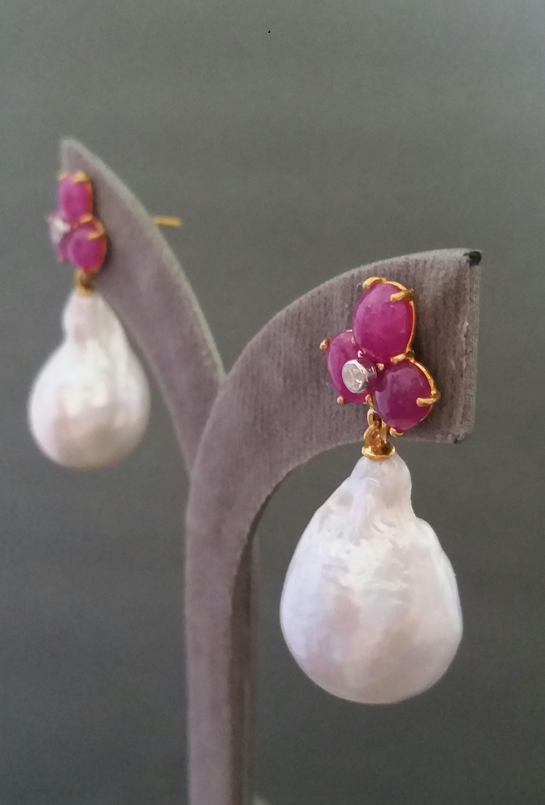 3 Ruby Oval Cabs Gold Diamonds White Pear Shape Baroque Pearls Earrings 4
