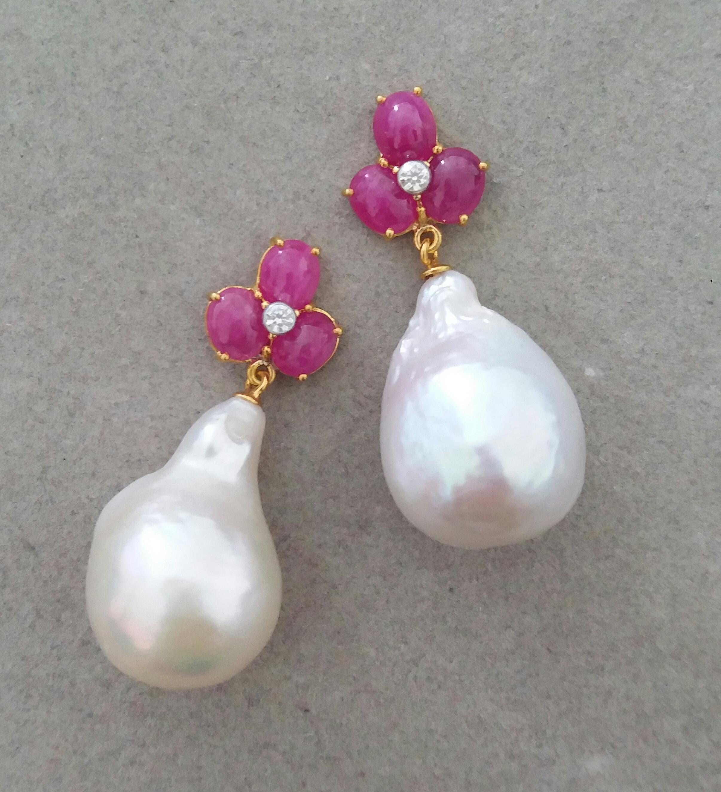 Contemporary 3 Ruby Oval Cabs Gold Diamonds White Pear Shape Baroque Pearls Earrings