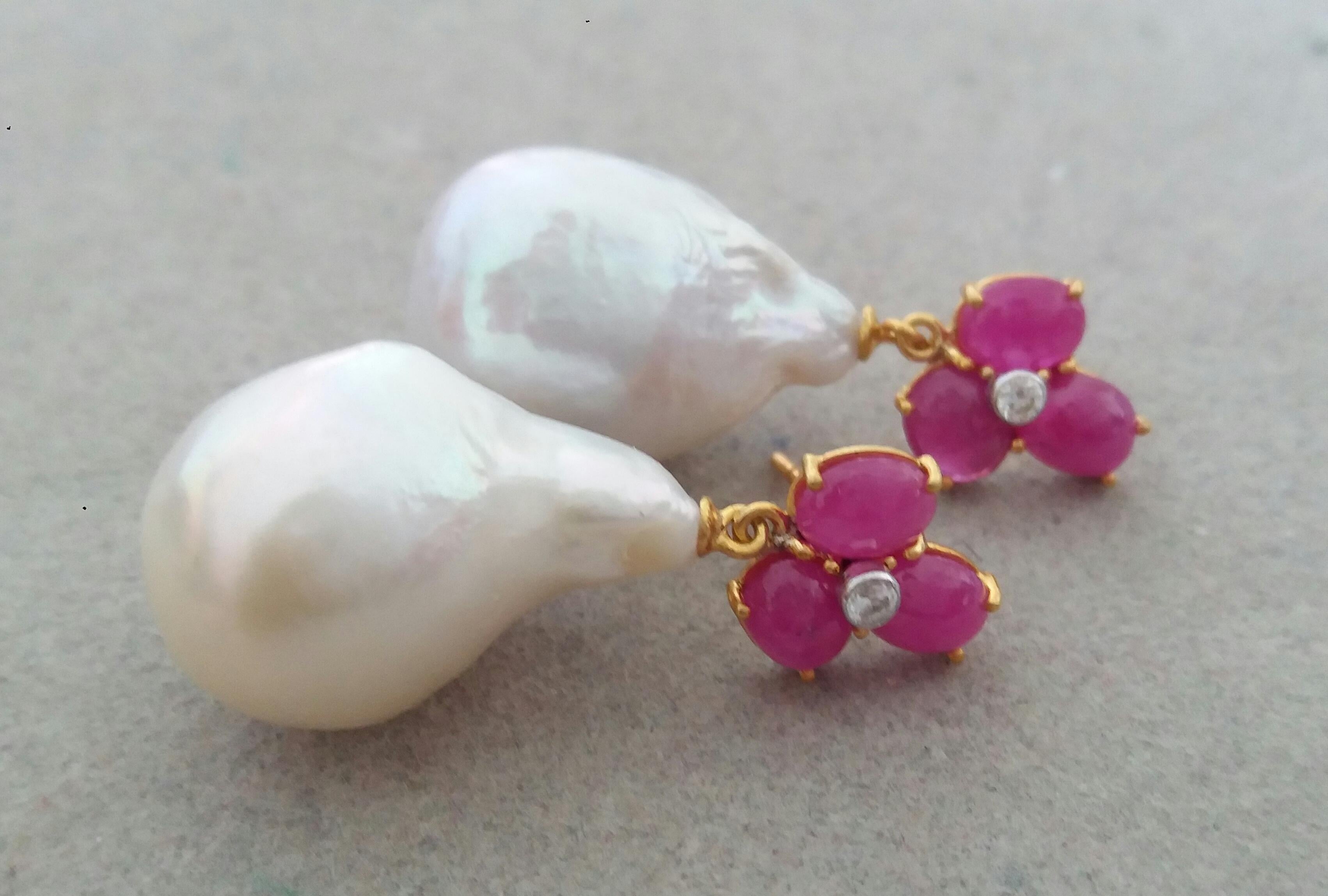 Oval Cut 3 Ruby Oval Cabs Gold Diamonds White Pear Shape Baroque Pearls Earrings