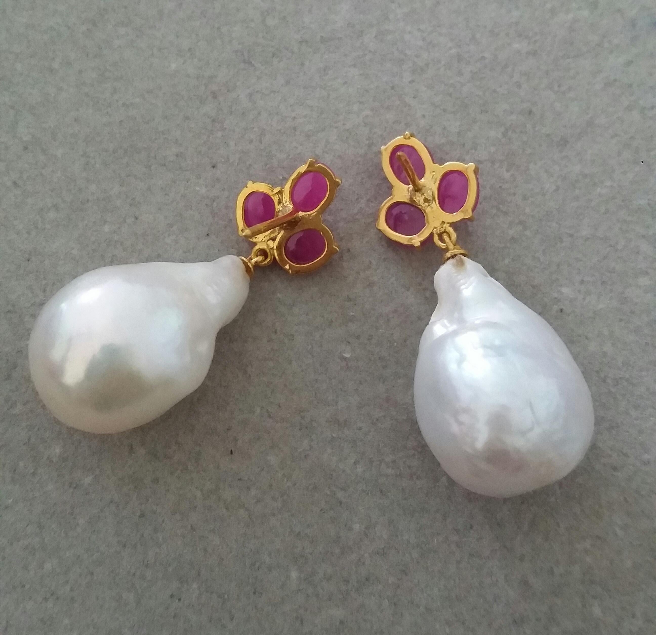 Women's 3 Ruby Oval Cabs Gold Diamonds White Pear Shape Baroque Pearls Earrings
