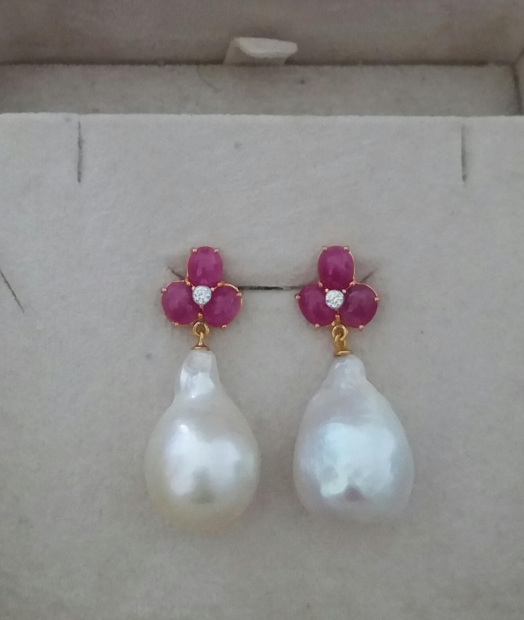 3 Ruby Oval Cabs Gold Diamonds White Pear Shape Baroque Pearls Earrings 1