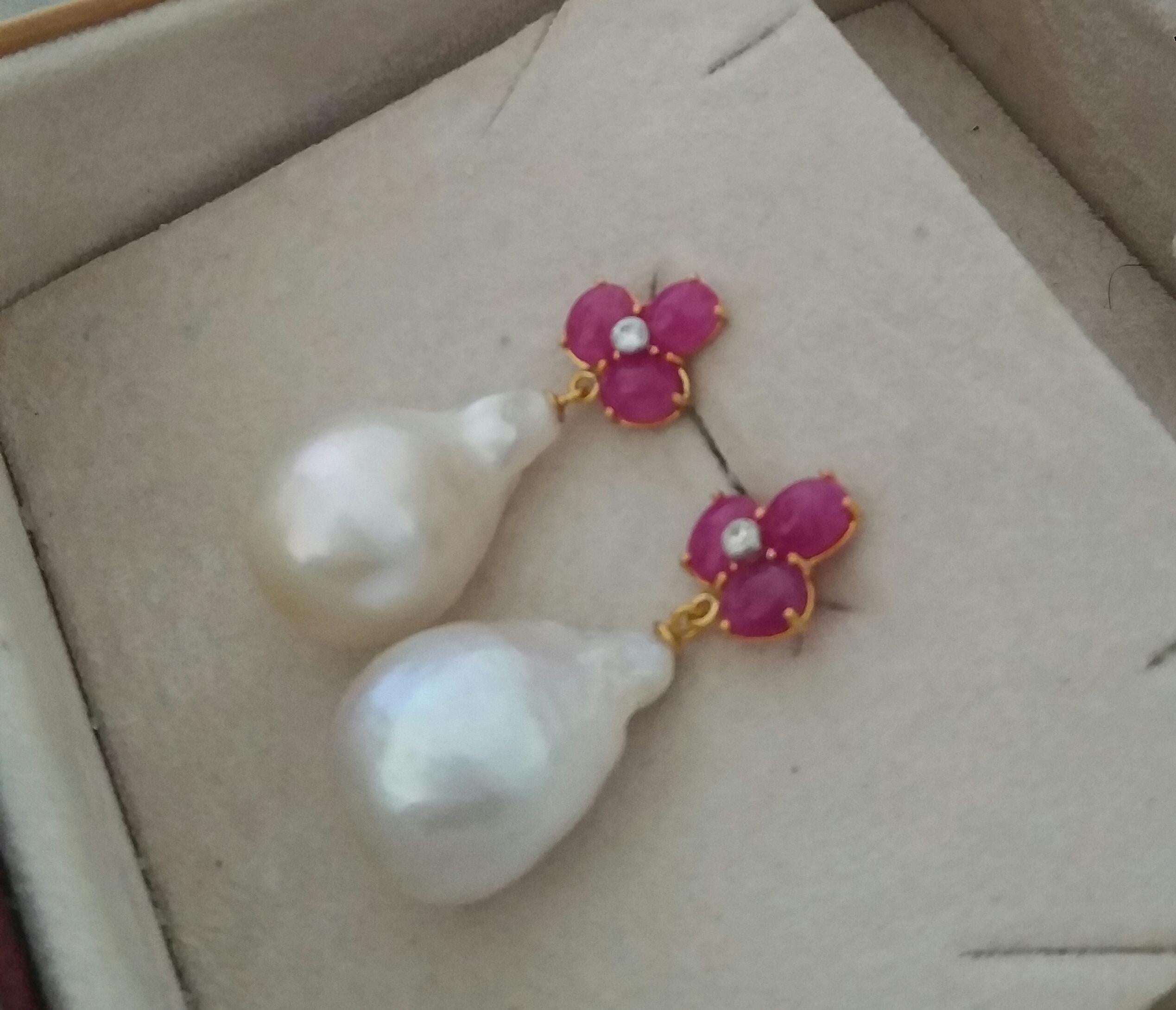 3 Ruby Oval Cabs Gold Diamonds White Pear Shape Baroque Pearls Earrings 2