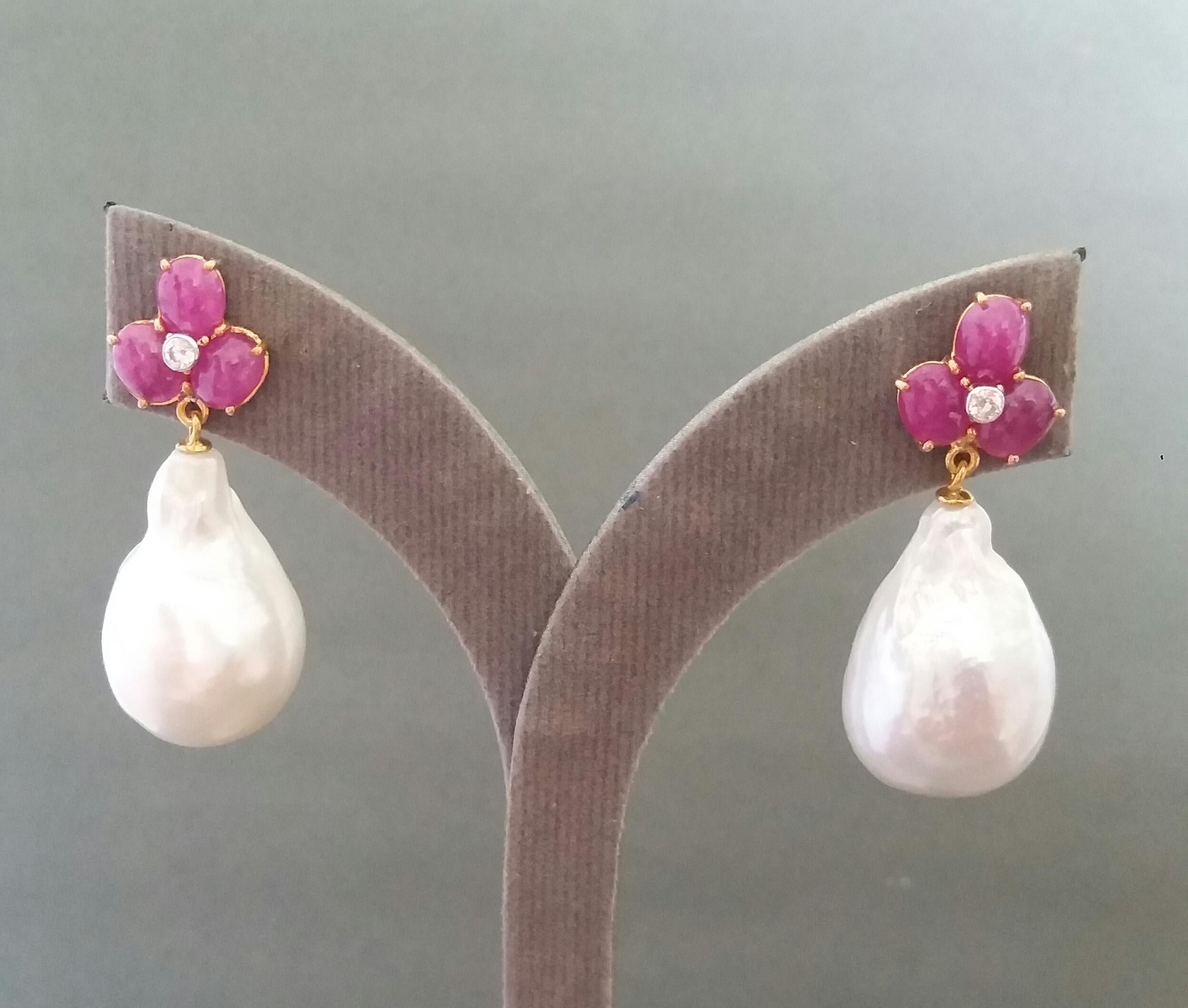 3 Ruby Oval Cabs Gold Diamonds White Pear Shape Baroque Pearls Earrings 3