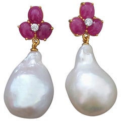 Vintage 3 Ruby Oval Cabs Gold Diamonds White Pear Shape Baroque Pearls Earrings