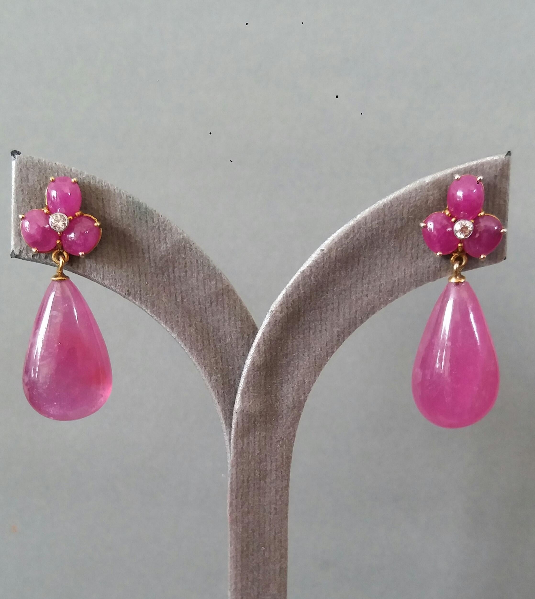 3 Ruby Oval Cabs Yellow Gold Diamonds 40 Carats Pear Shape Ruby Drops Earrings 4
