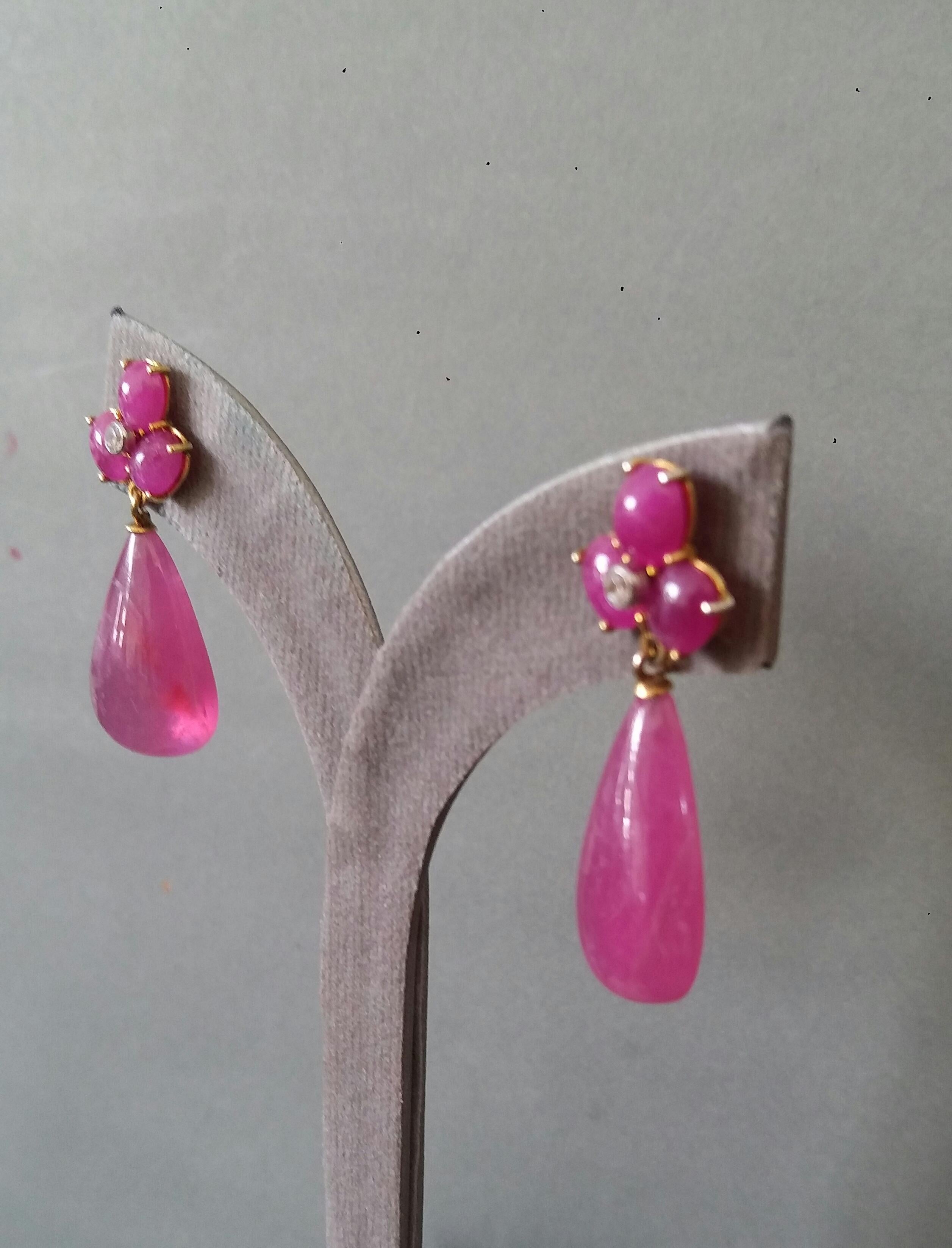 3 Ruby Oval Cabs Yellow Gold Diamonds 40 Carats Pear Shape Ruby Drops Earrings 5