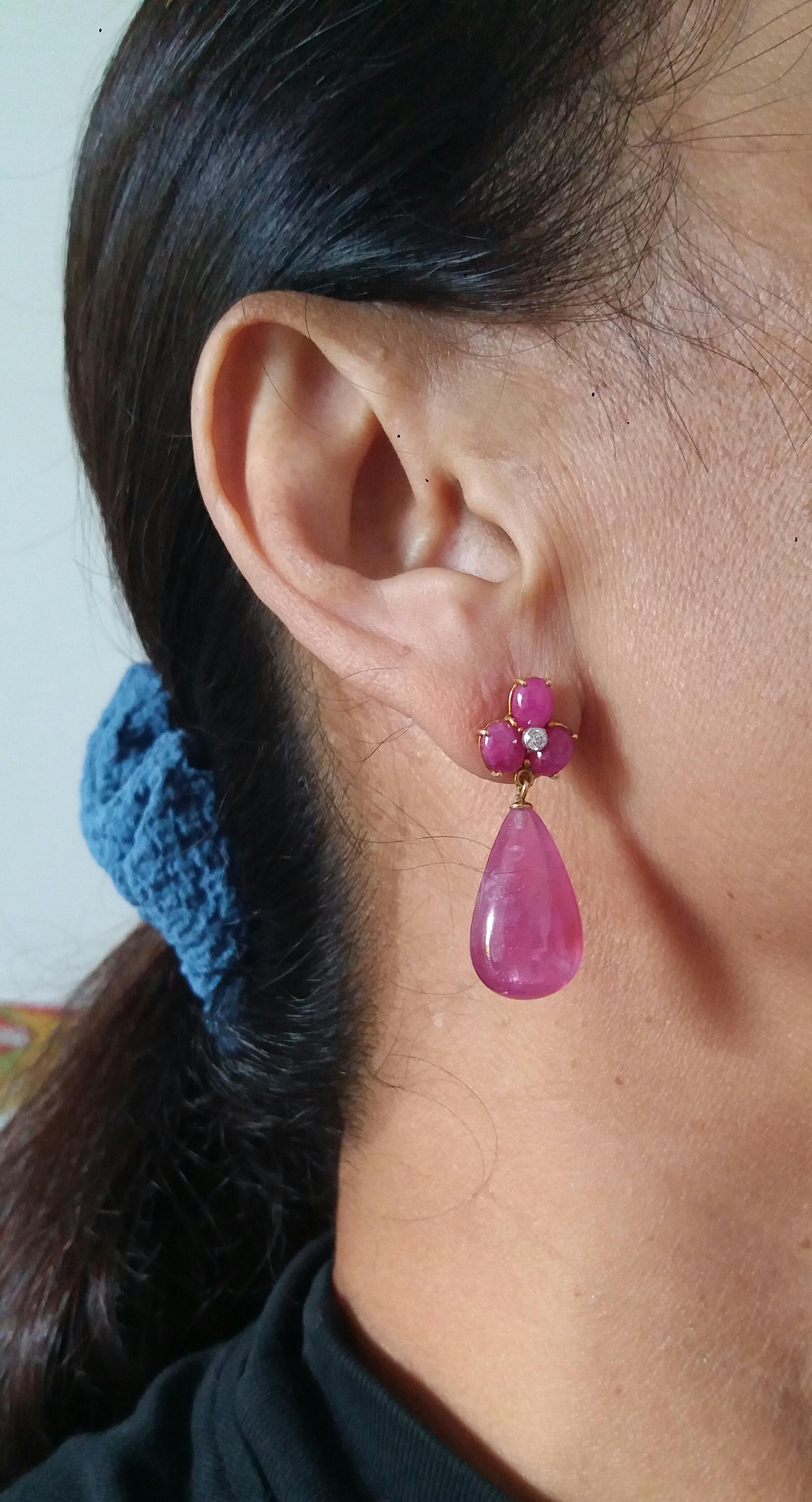 3 Ruby Oval Cabs Yellow Gold Diamonds 40 Carats Pear Shape Ruby Drops Earrings 6