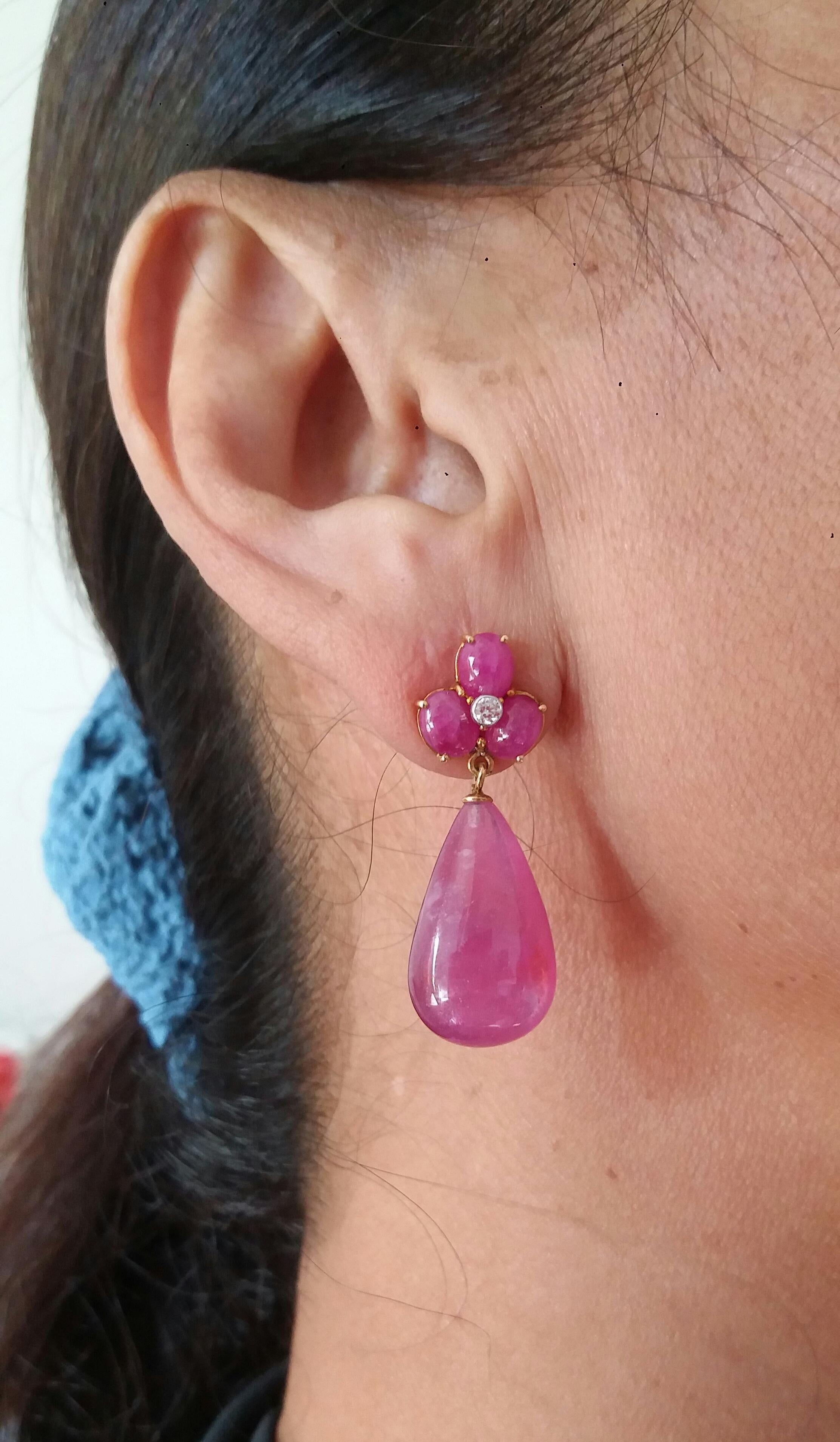 3 Ruby Oval Cabs Yellow Gold Diamonds 40 Carats Pear Shape Ruby Drops Earrings 7