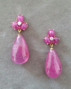 3 Ruby Oval Cabs Yellow Gold Diamonds 40 Carats Pear Shape Ruby Drops Earrings