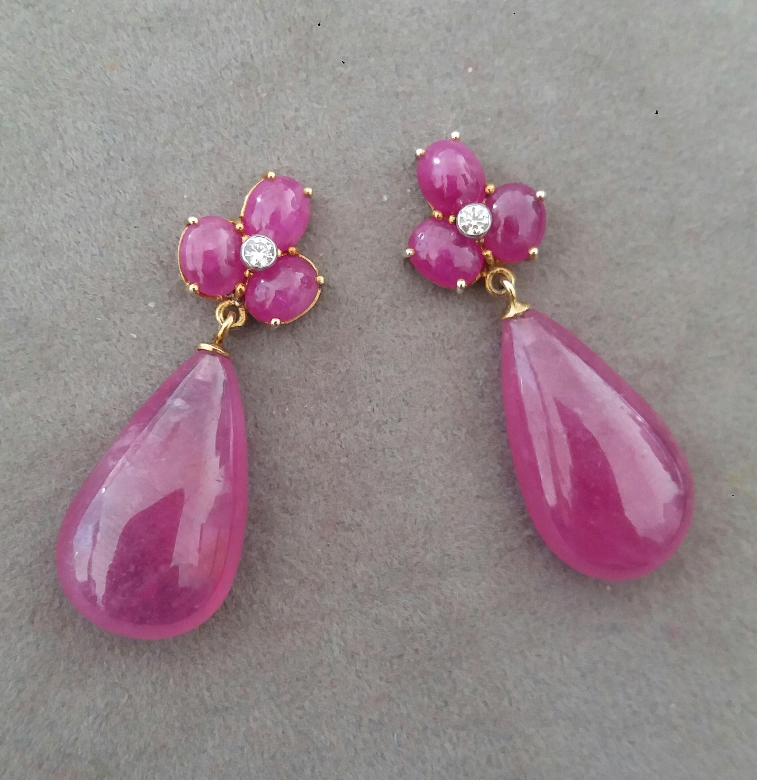 Pear Cut 3 Ruby Oval Cabs Yellow Gold Diamonds 40 Carats Pear Shape Ruby Drops Earrings