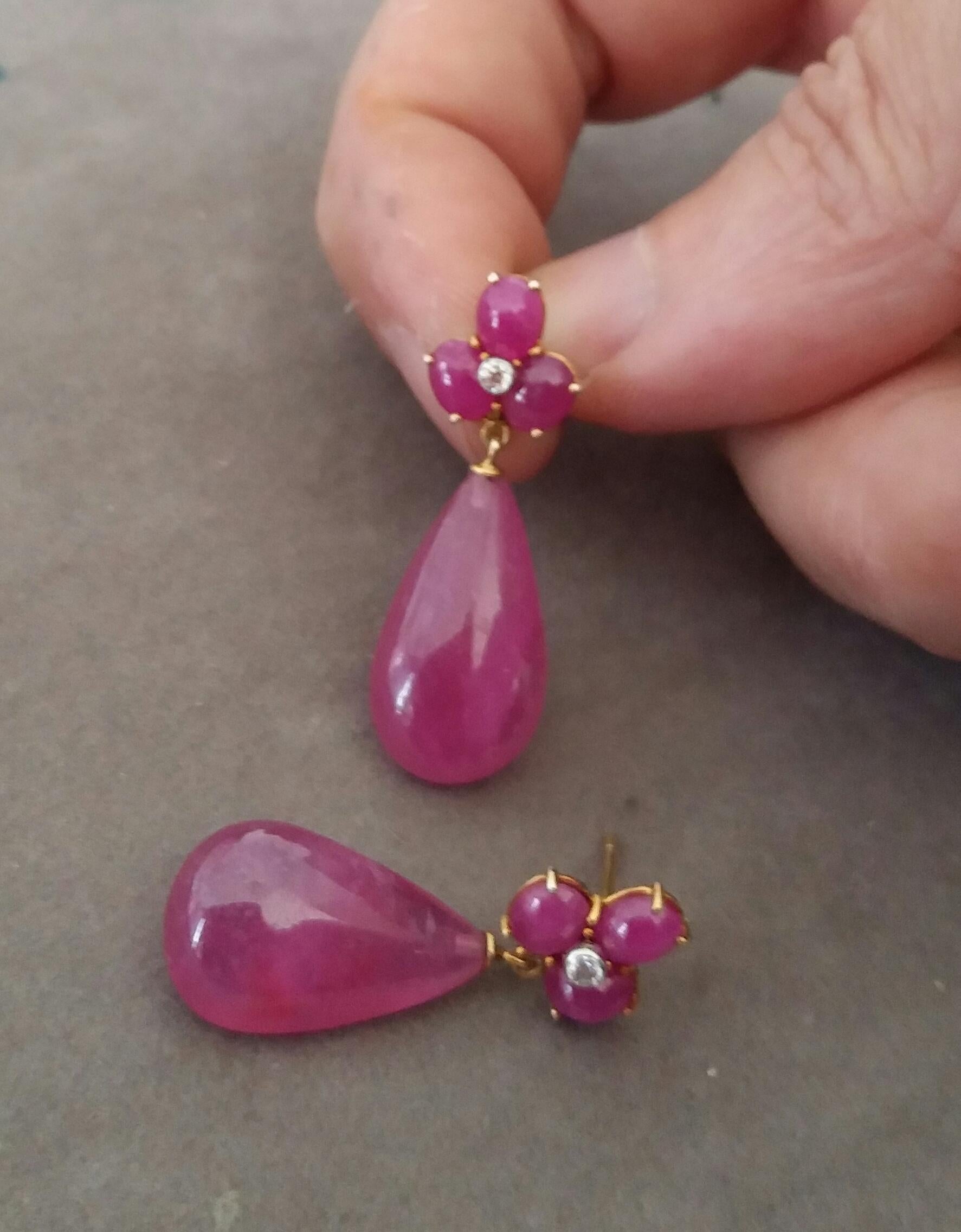 Women's 3 Ruby Oval Cabs Yellow Gold Diamonds 40 Carats Pear Shape Ruby Drops Earrings For Sale