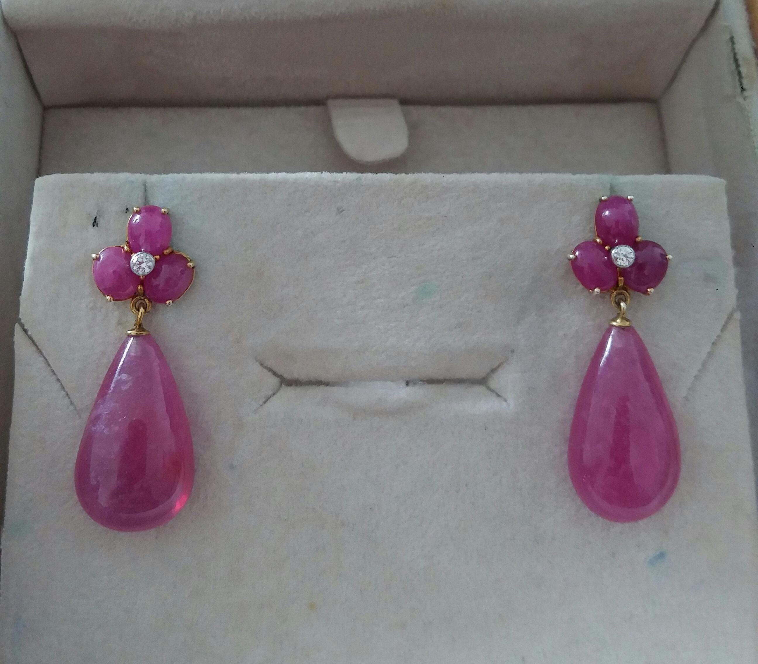 3 Ruby Oval Cabs Yellow Gold Diamonds 40 Carats Pear Shape Ruby Drops Earrings 1