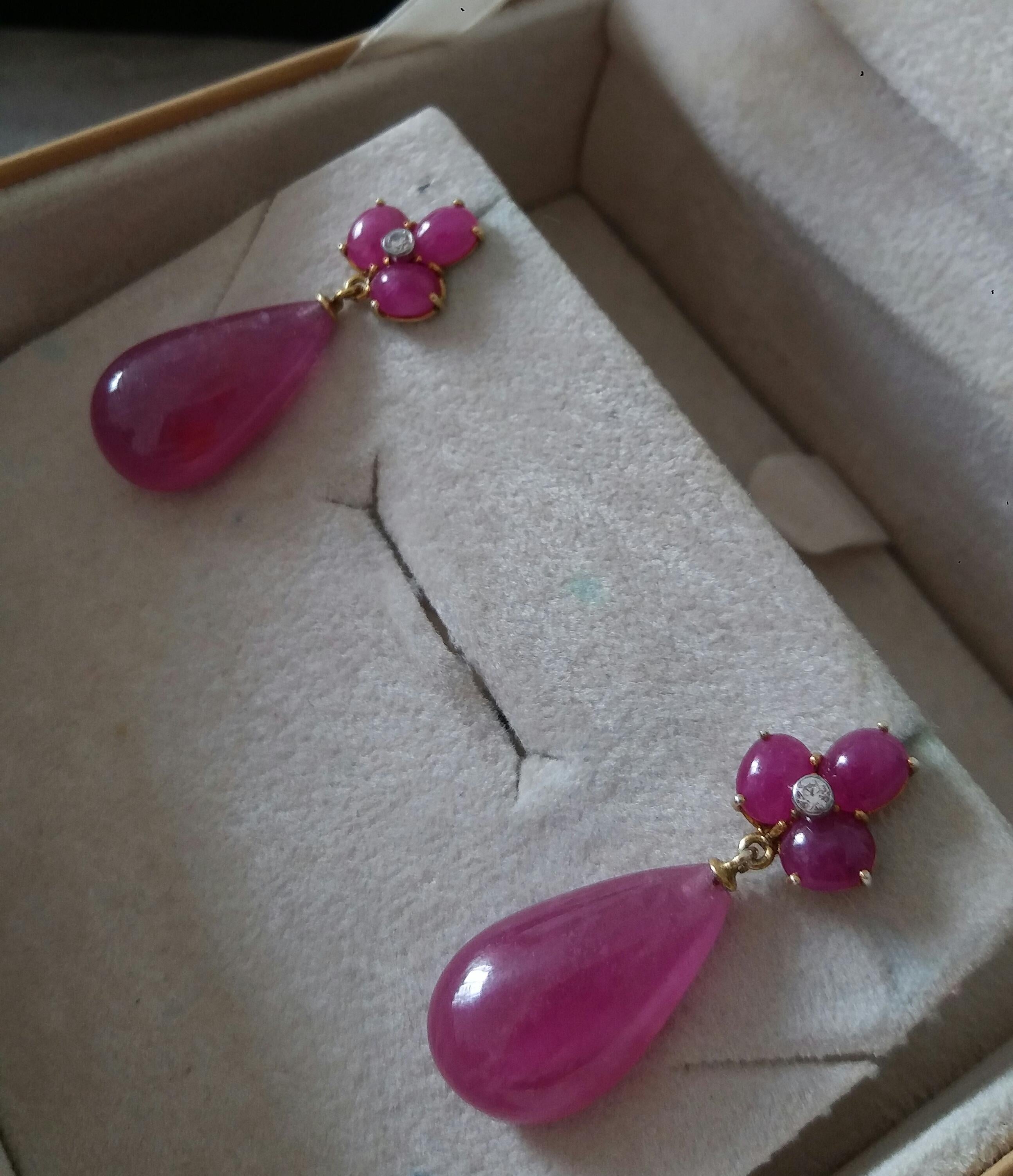 3 Ruby Oval Cabs Yellow Gold Diamonds 40 Carats Pear Shape Ruby Drops Earrings 3