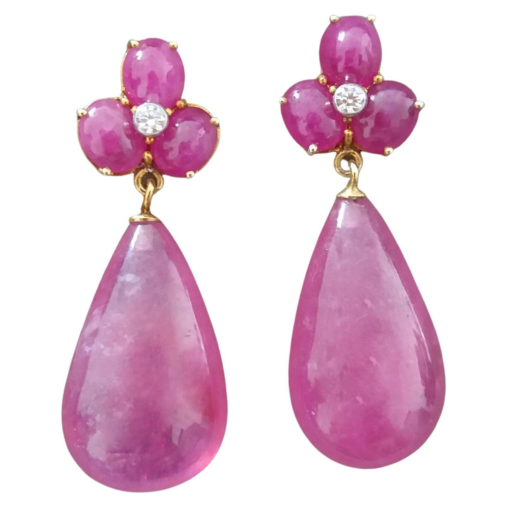 3 Ruby Oval Cabs Yellow Gold Diamonds 40 Carats Pear Shape Ruby Drops Earrings