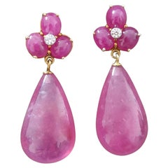 3 Ruby Oval Cabs Yellow Gold Diamonds 40 Carats Pear Shape Ruby Drops Earrings